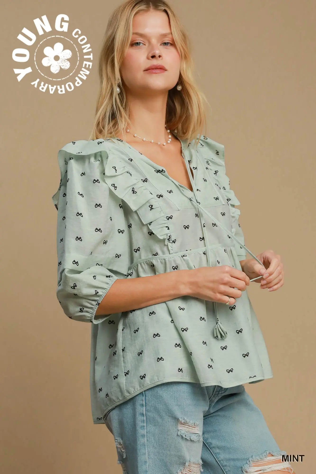 Bow Babydoll Blouse In Mint & Chip