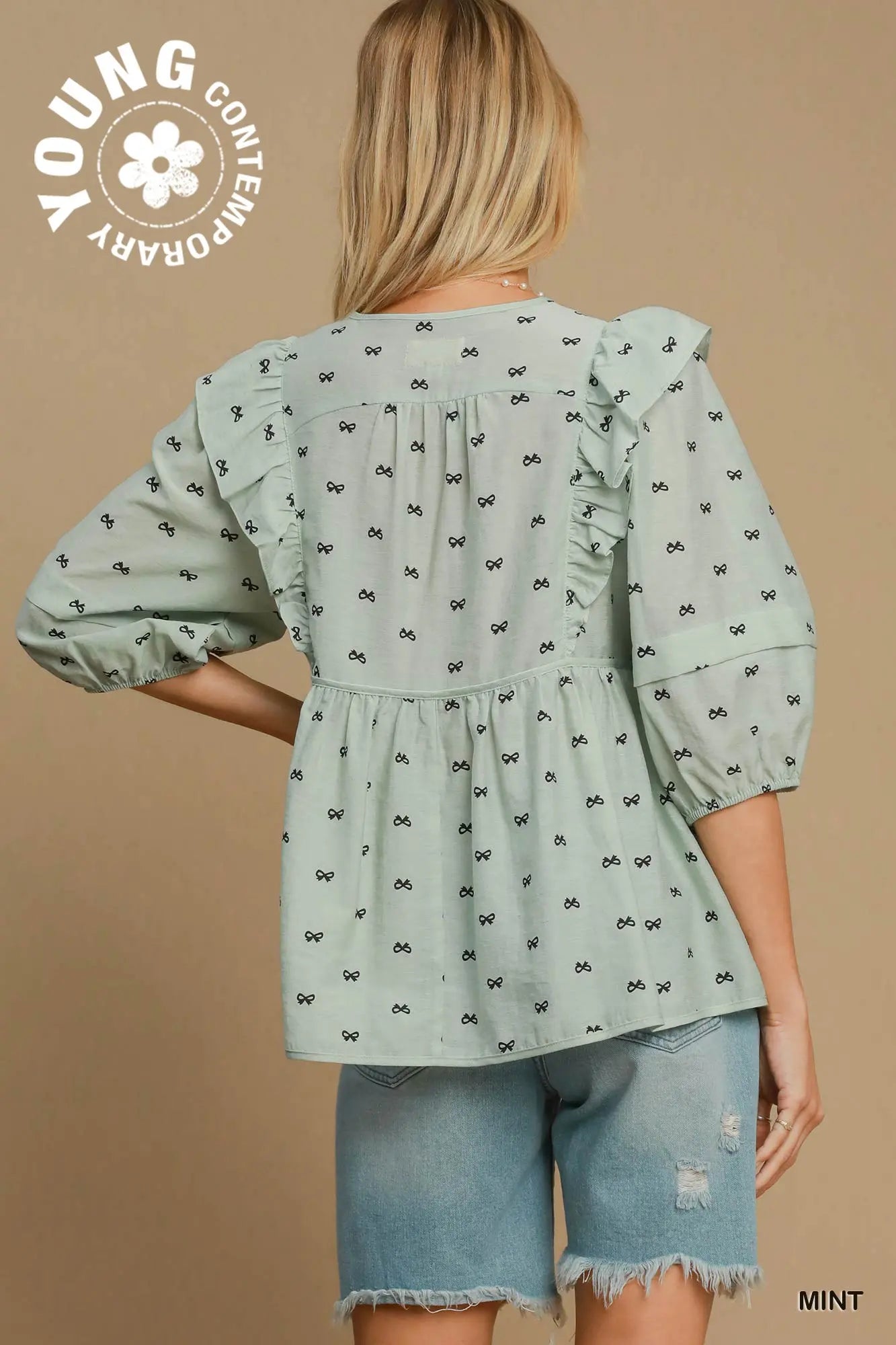 Bow Babydoll Blouse In Mint & Chip