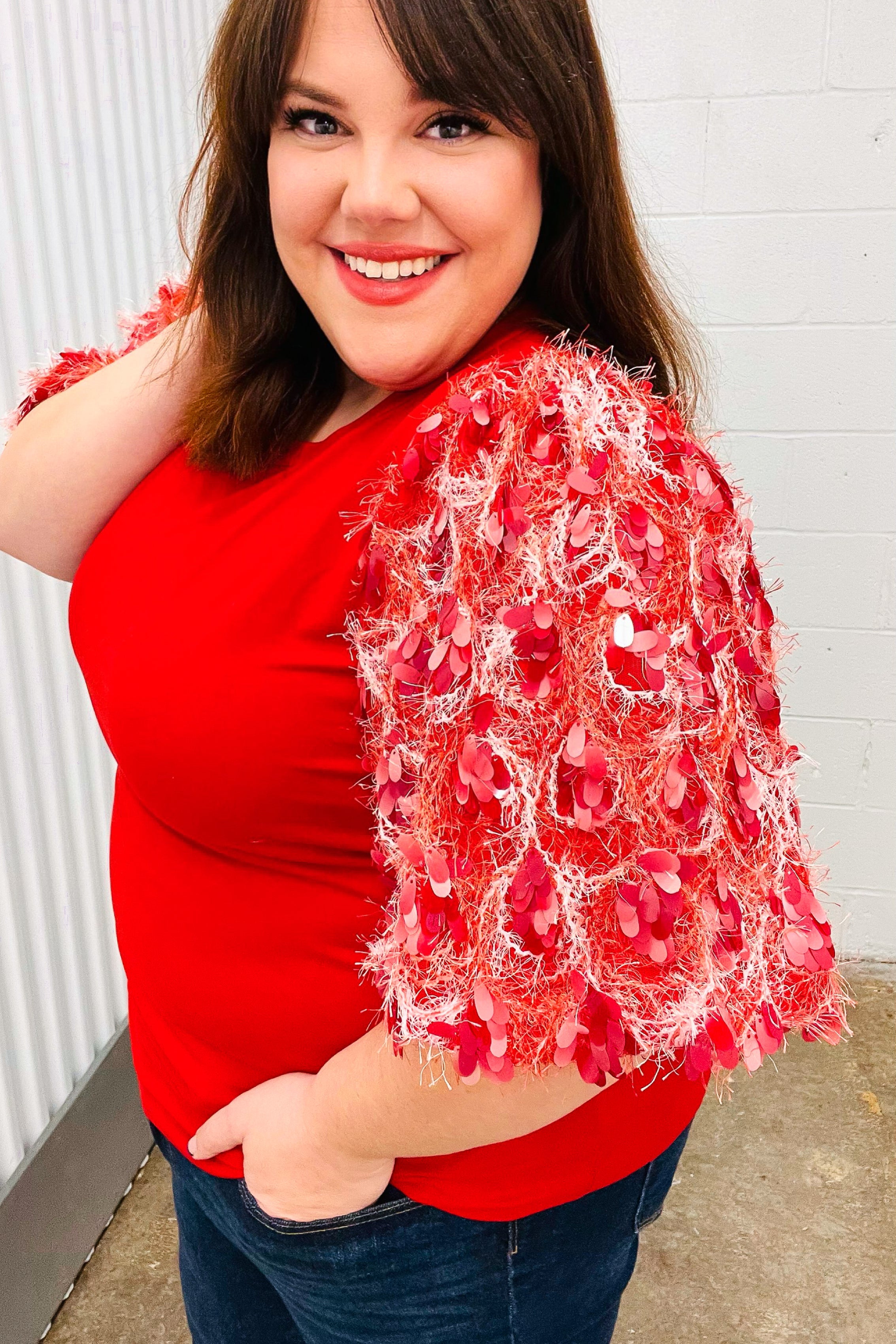 Red Era Sequin Puff Short Sleeve Top