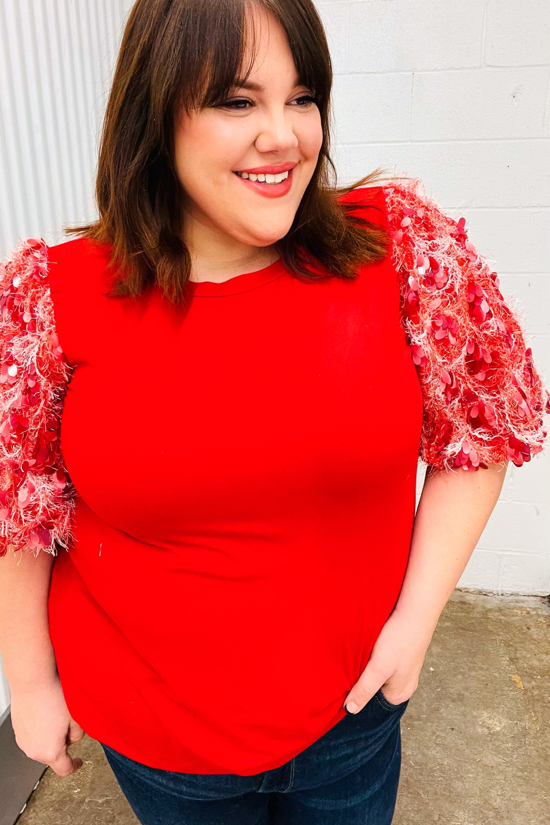 Red Era Sequin Puff Short Sleeve Top