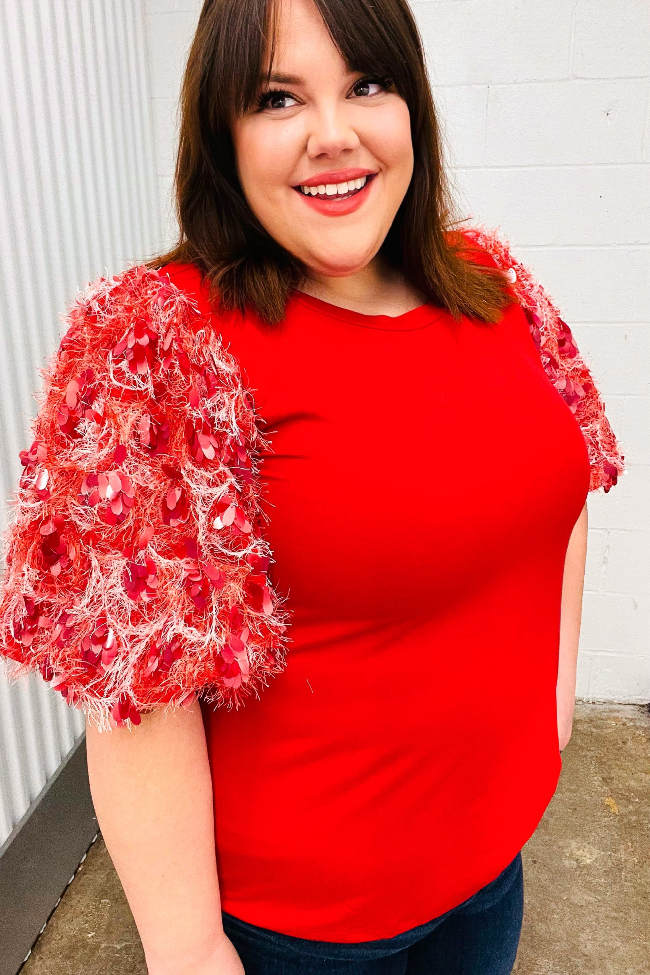 Red Era Sequin Puff Short Sleeve Top