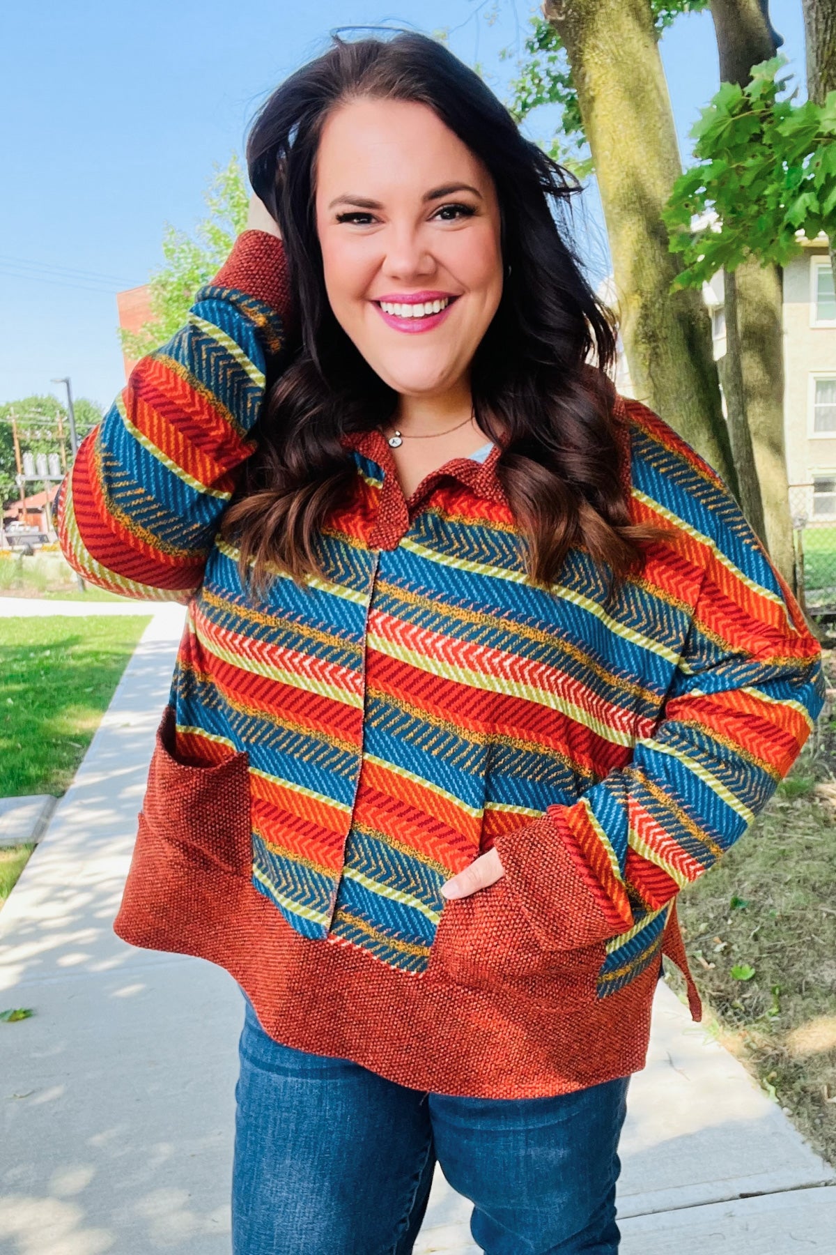 Rust & Teal Striped Two Tone Knit Pocketed Top