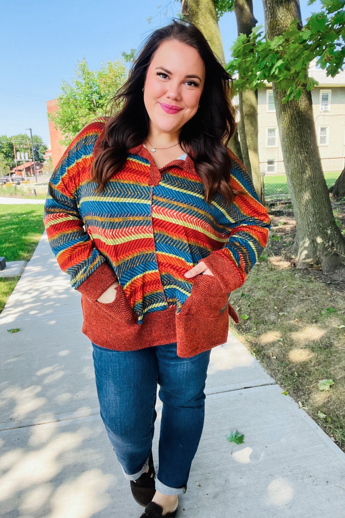 Rust & Teal Striped Two Tone Knit Pocketed Top