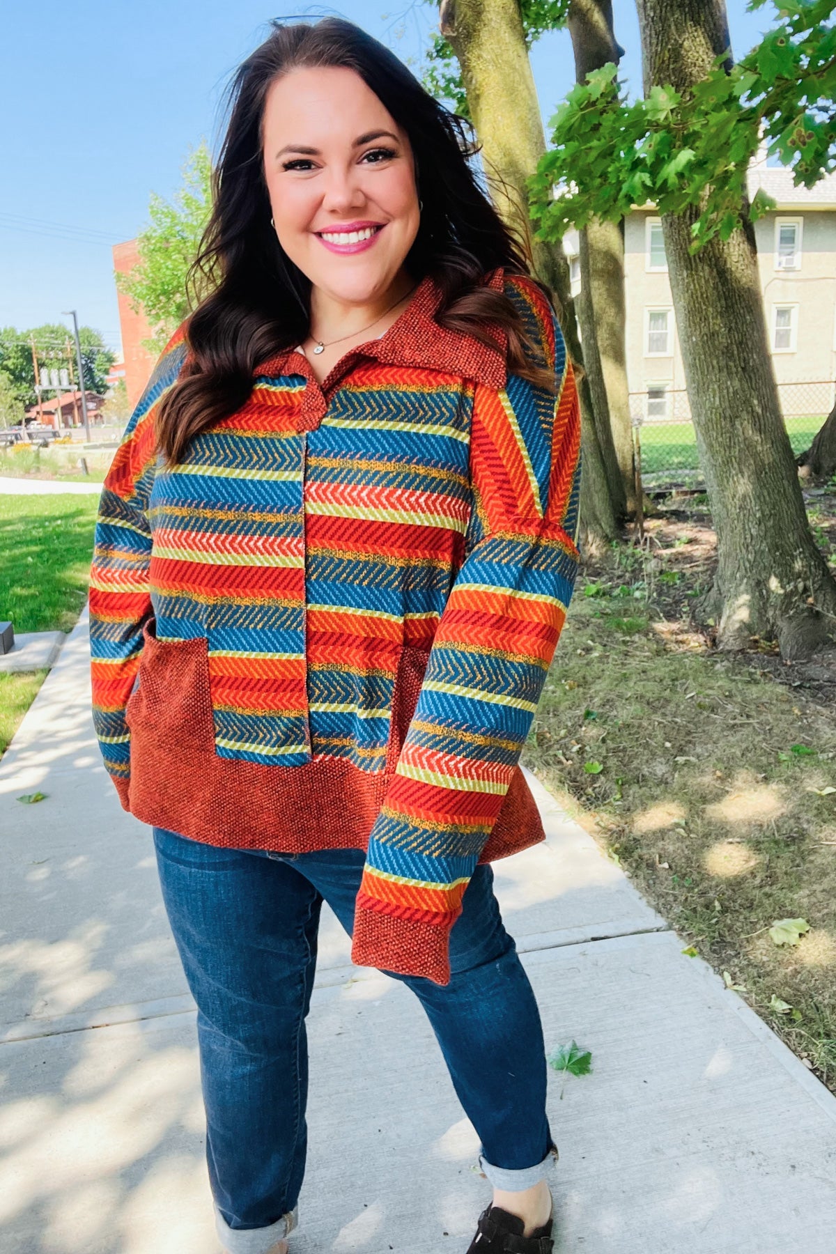 Rust & Teal Striped Two Tone Knit Pocketed Top