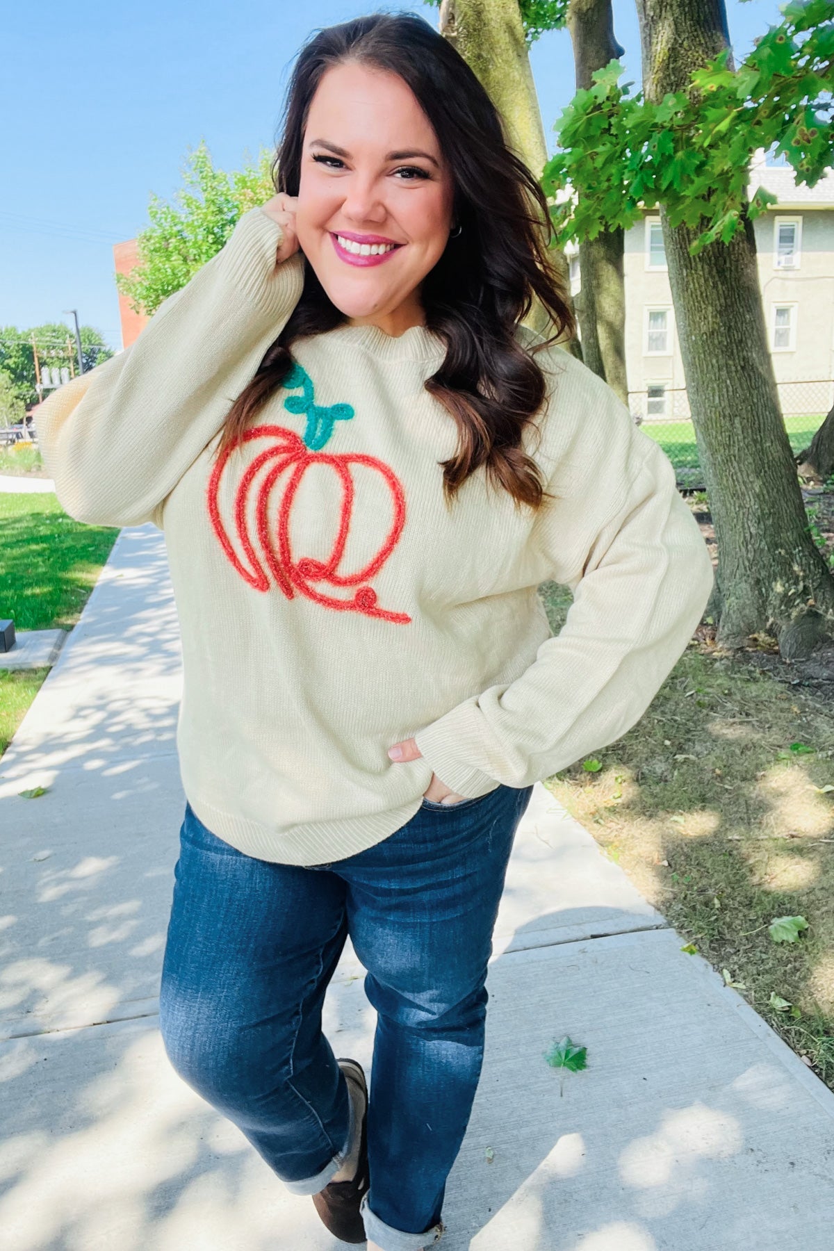 Taupe Embroidered Pumpkin Oversized Sweater