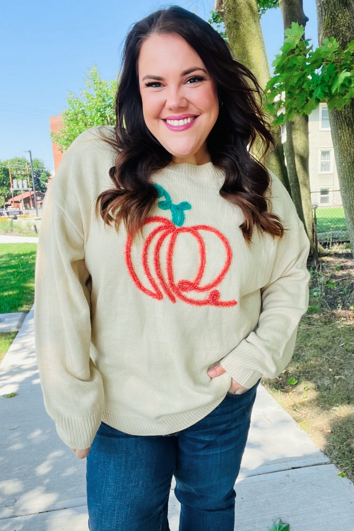 Taupe Embroidered Pumpkin Oversized Sweater