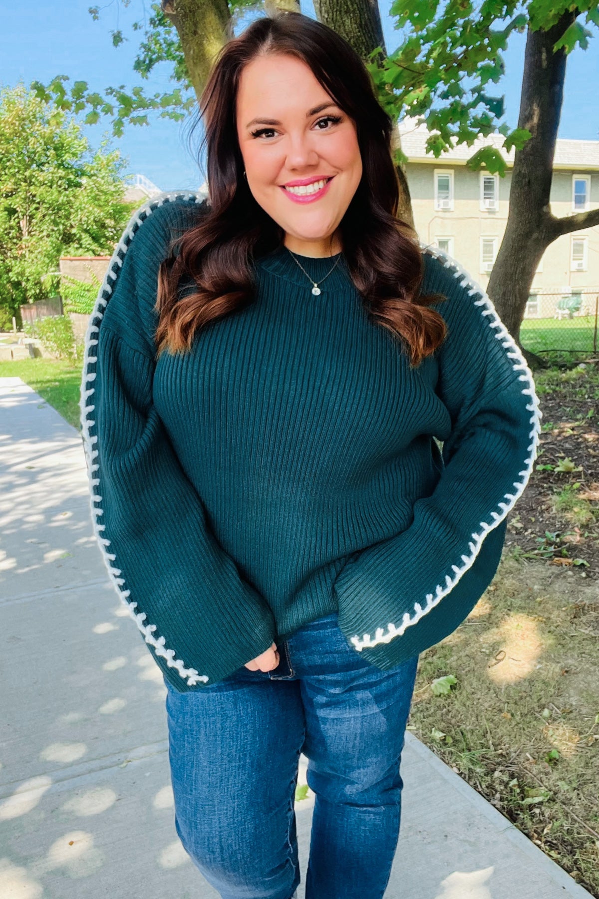 Chunky Knit Hunter Green Rib Knit Stitch Detail Oversized Sweater