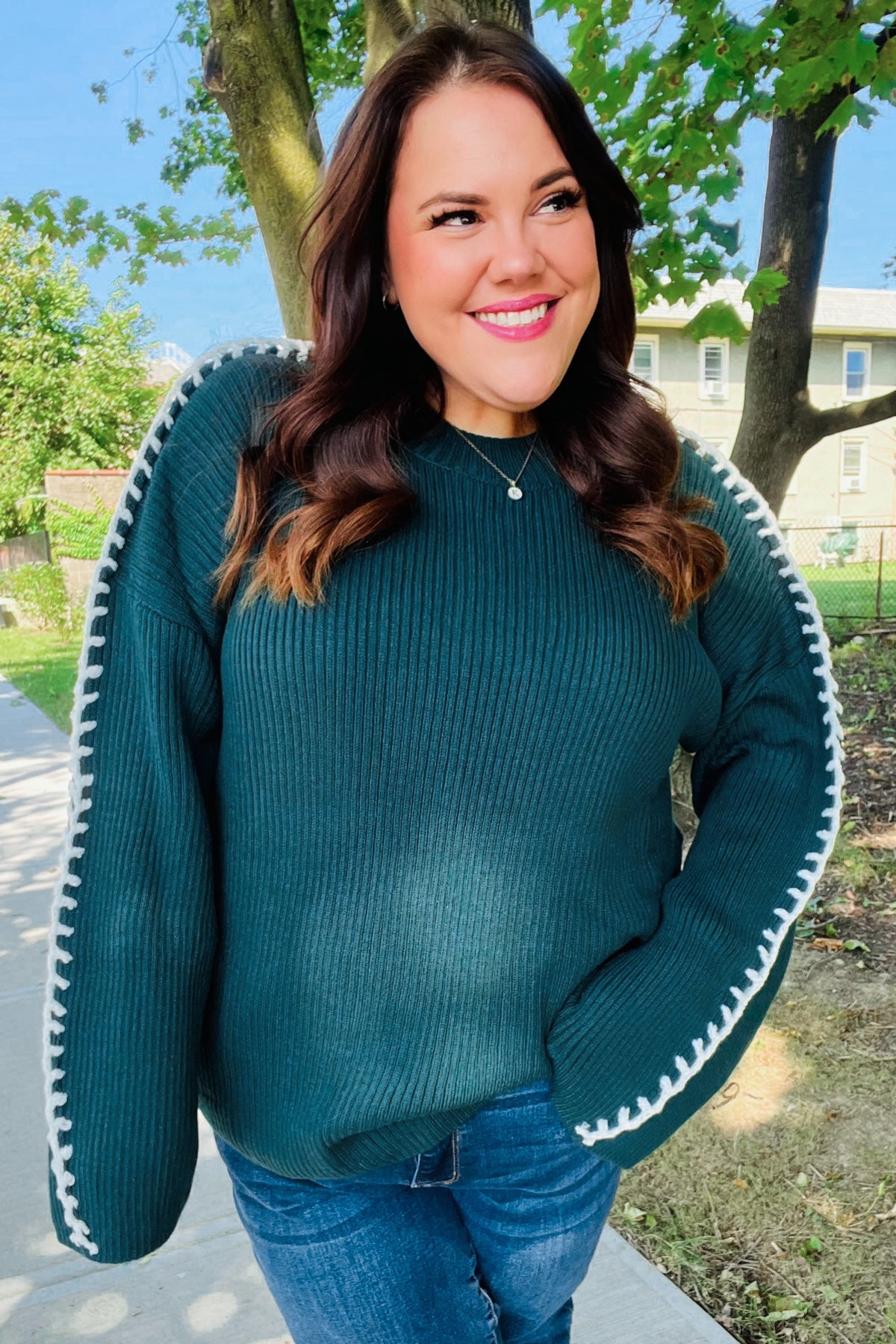 Chunky Knit Hunter Green Rib Knit Stitch Detail Oversized Sweater