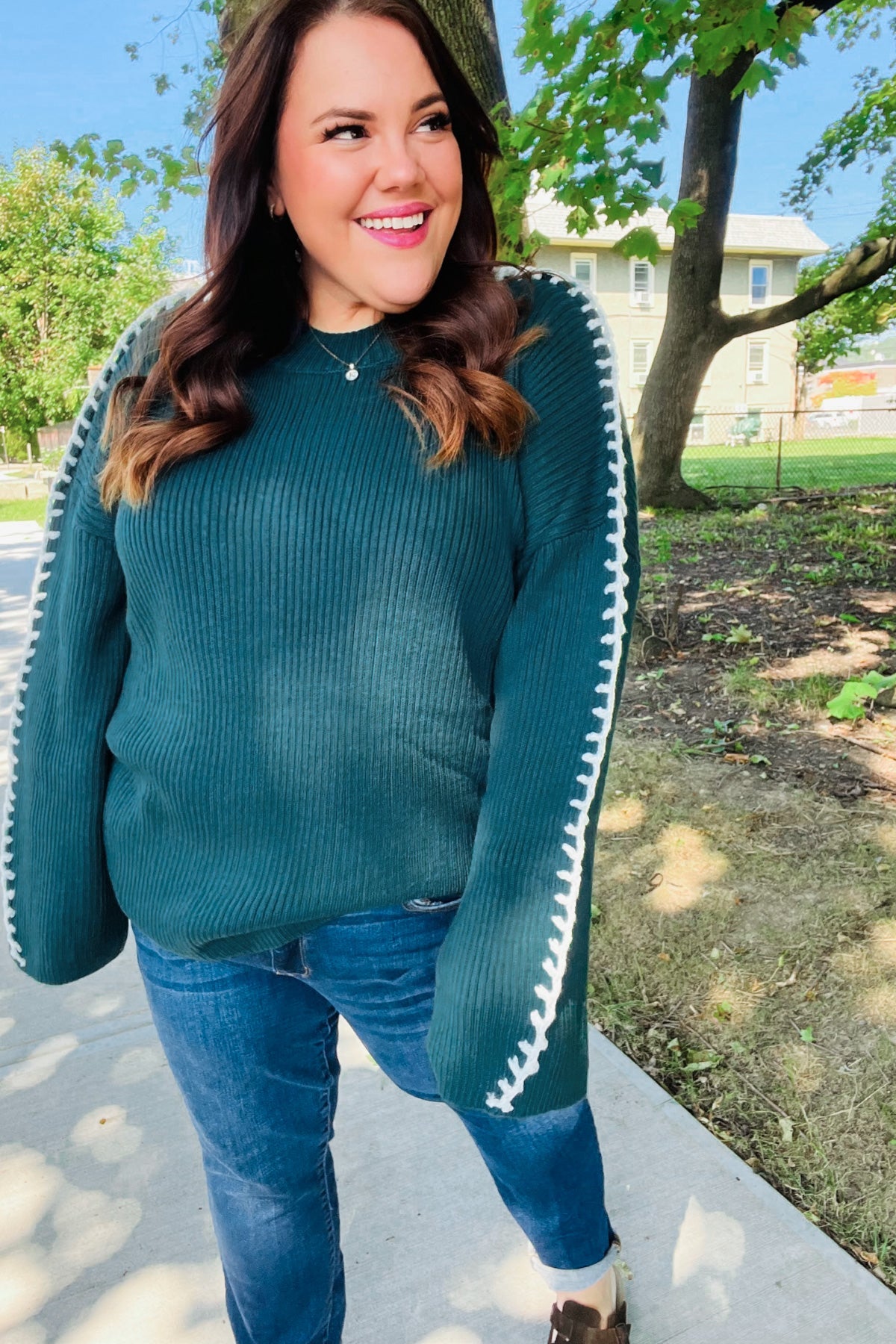 Chunky Knit Hunter Green Rib Knit Stitch Detail Oversized Sweater