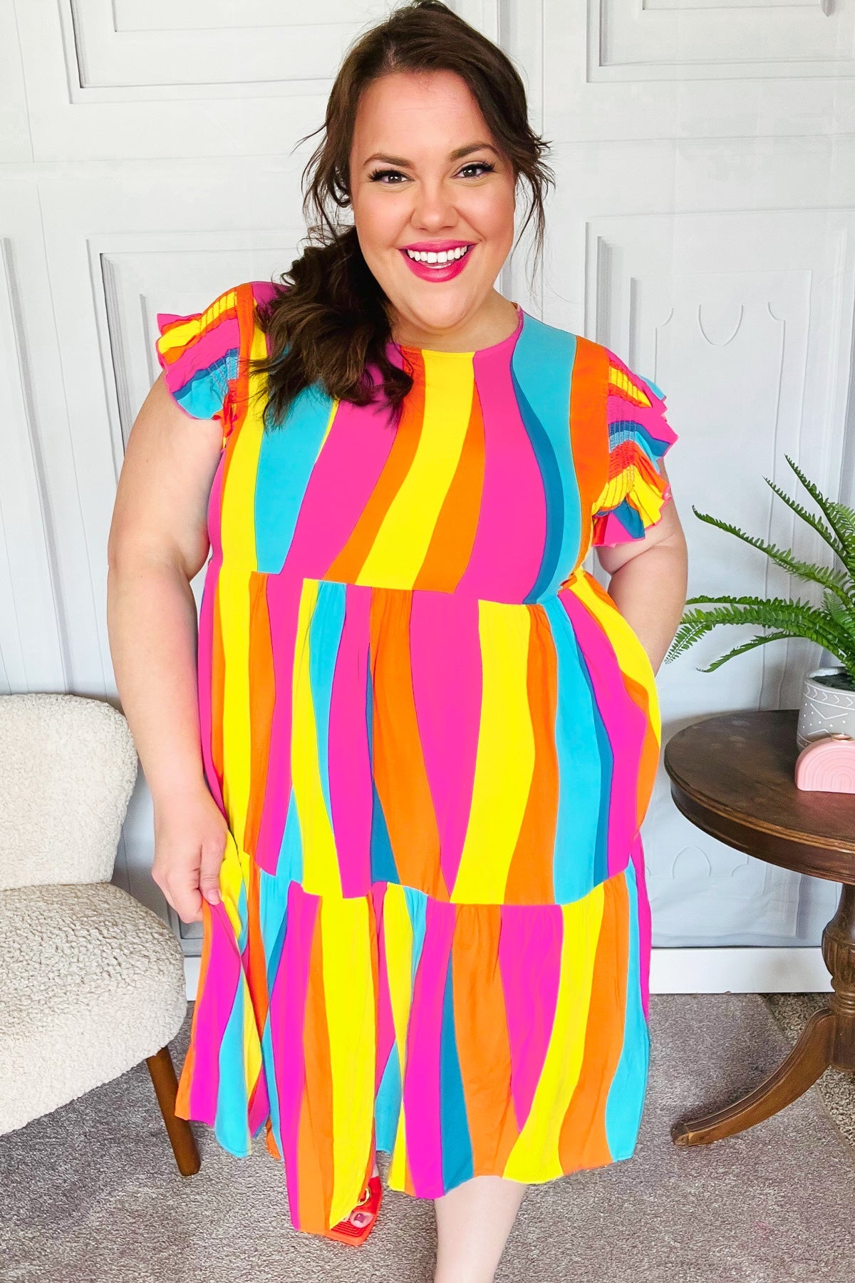 Colorful Dress Eyes On You Multicolor Abstract Print Smocked Ruffle Sleeve Dress