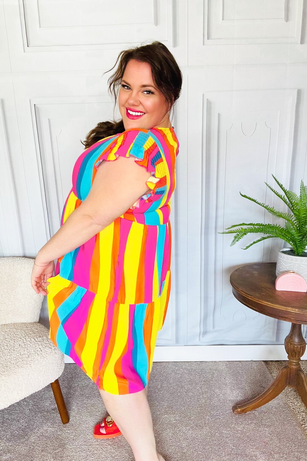 Colorful Dress Eyes On You Multicolor Abstract Print Smocked Ruffle Sleeve Dress