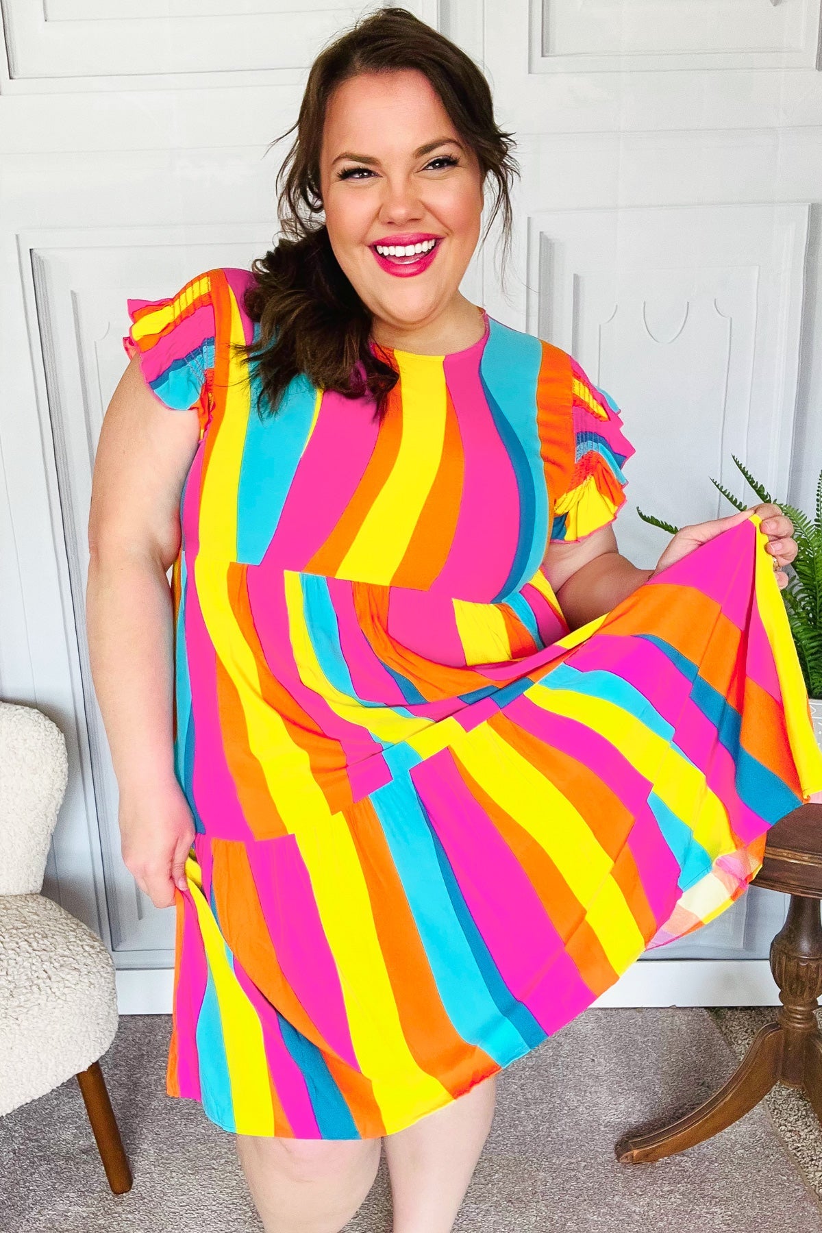 Colorful Dress Eyes On You Multicolor Abstract Print Smocked Ruffle Sleeve Dress