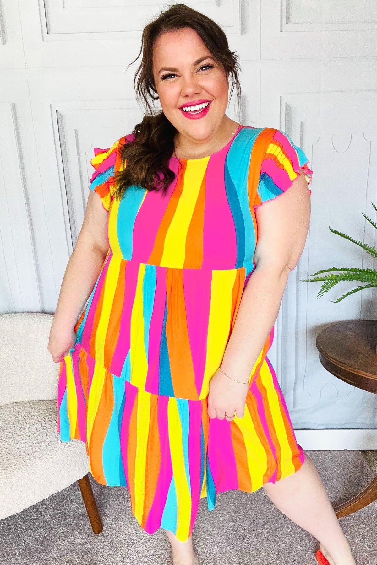 Colorful Dress Eyes On You Multicolor Abstract Print Smocked Ruffle Sleeve Dress