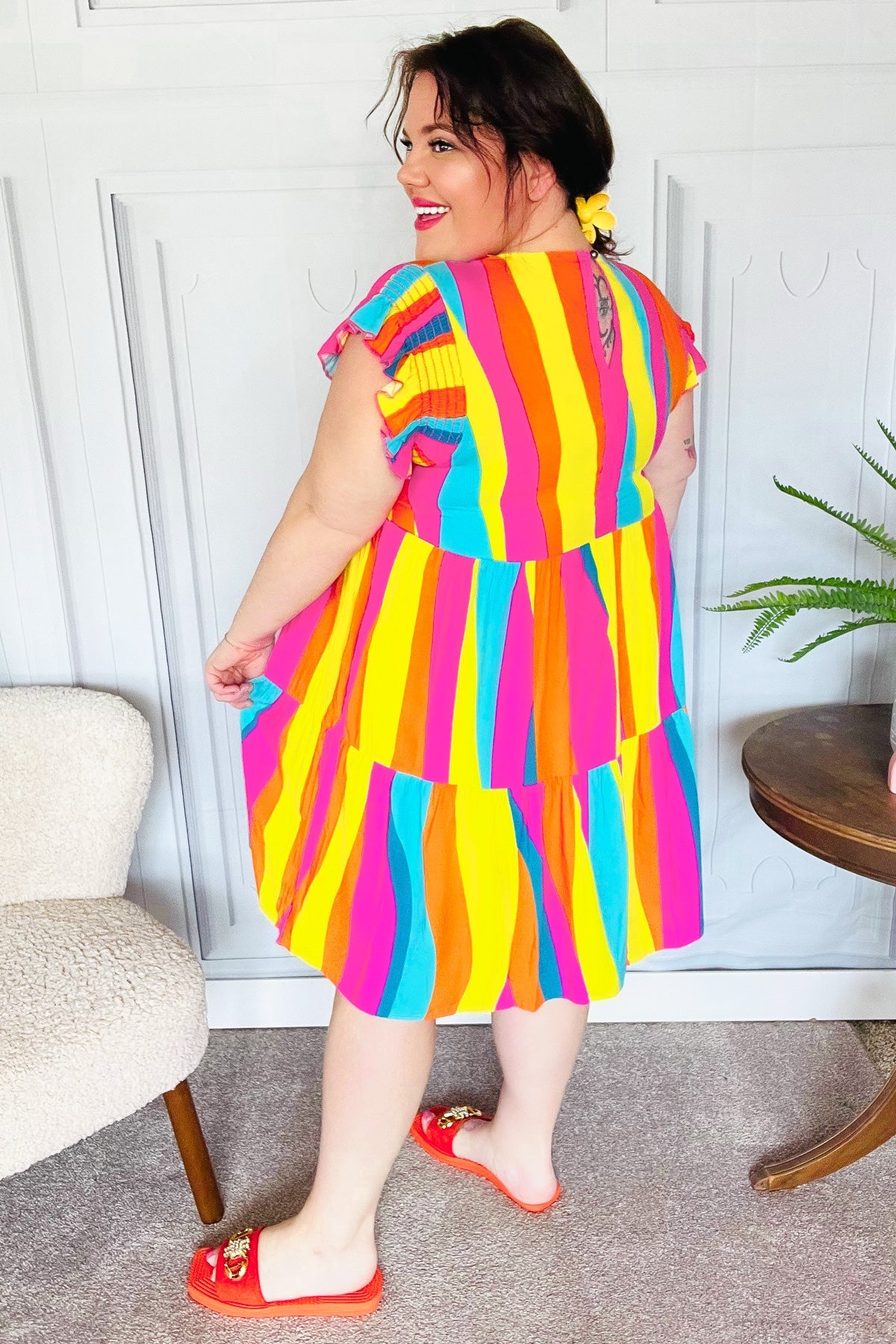 Colorful Dress Eyes On You Multicolor Abstract Print Smocked Ruffle Sleeve Dress