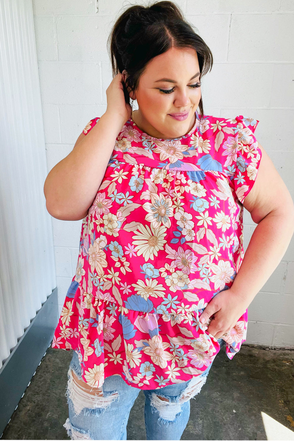 Fuchsia Floral Flutter Top Final -SALE- (Size Medium Left)