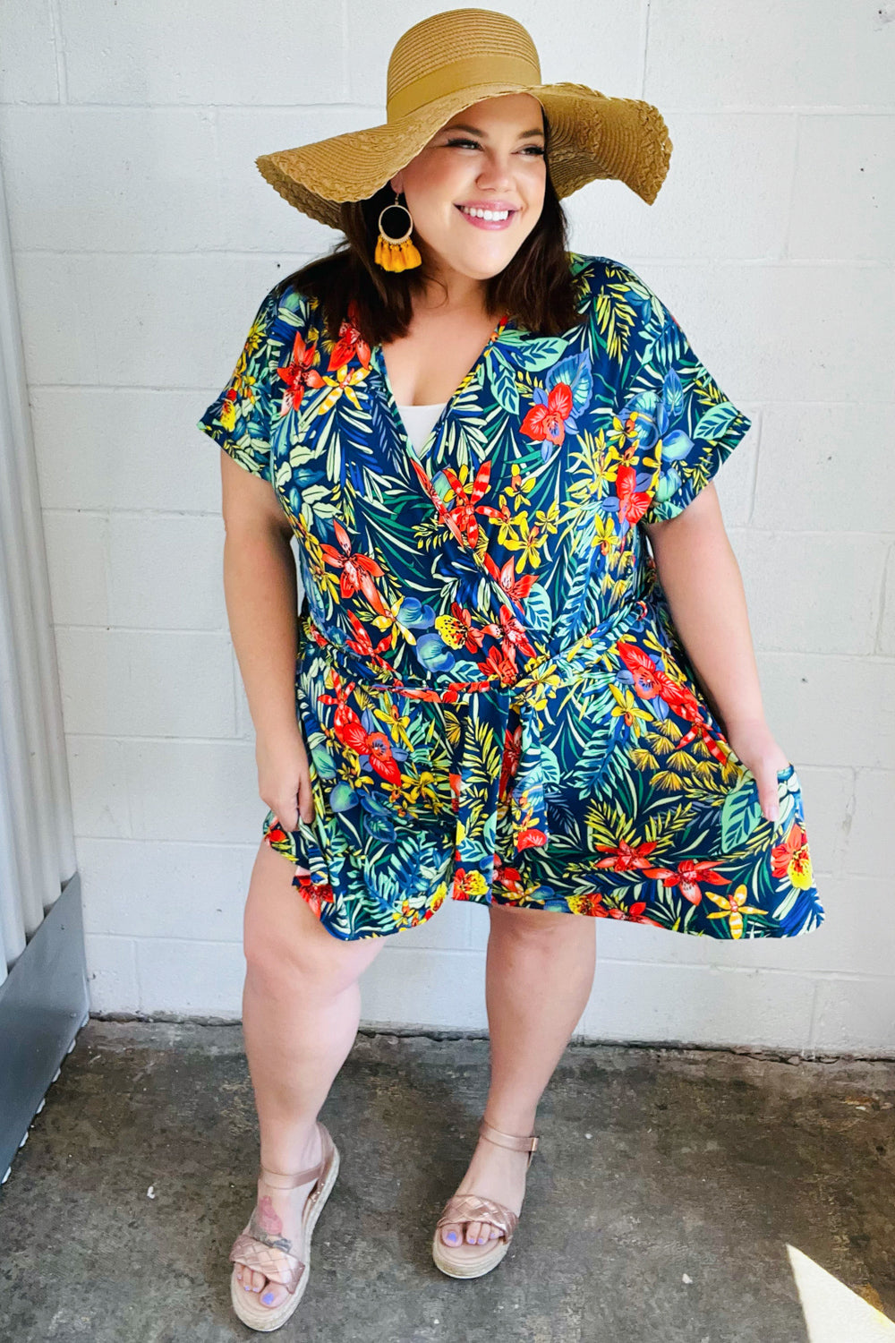 Navy Tropical Floral Surplice Romper -SALE-