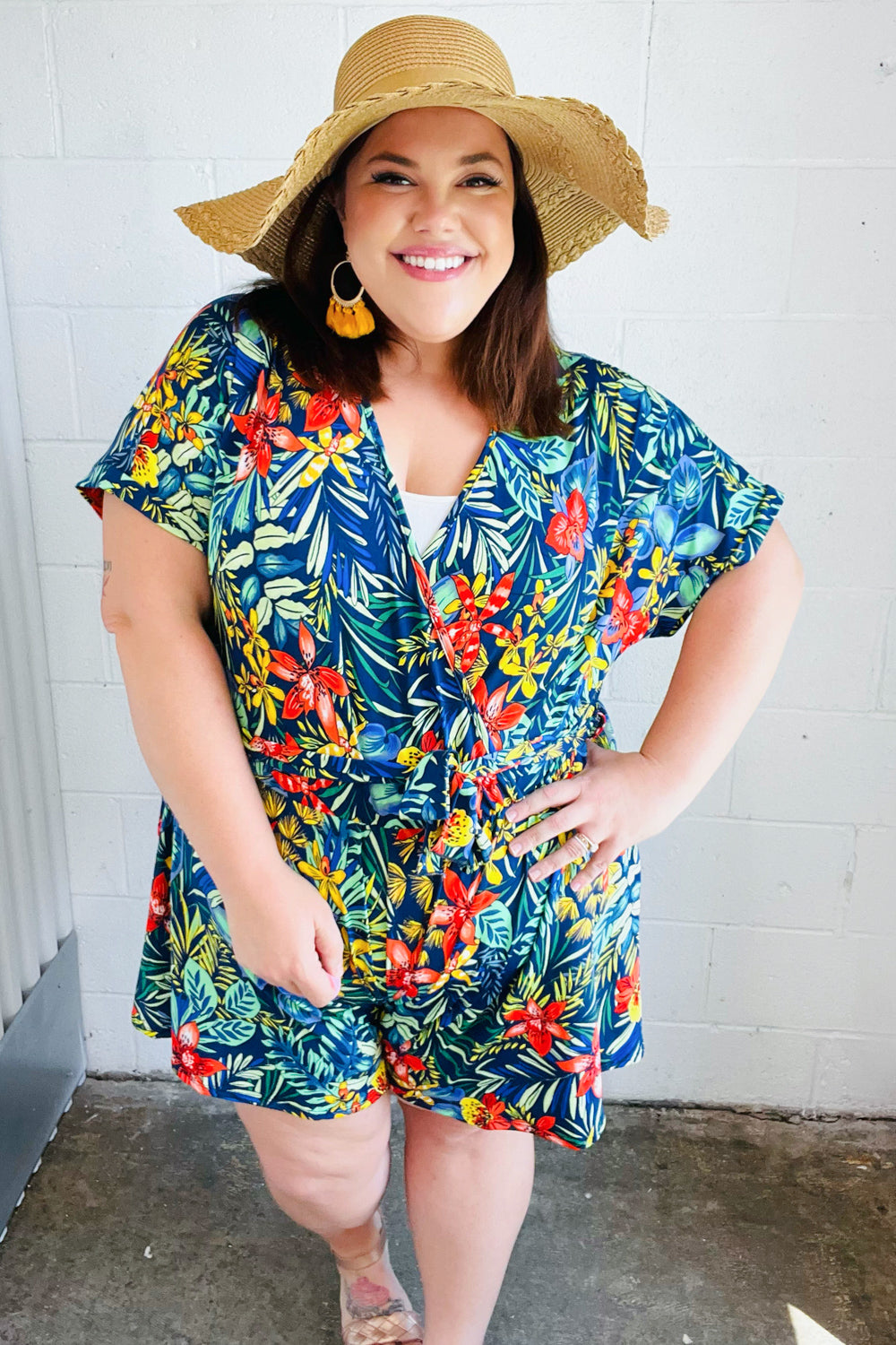 Navy Tropical Floral Surplice Romper -SALE-