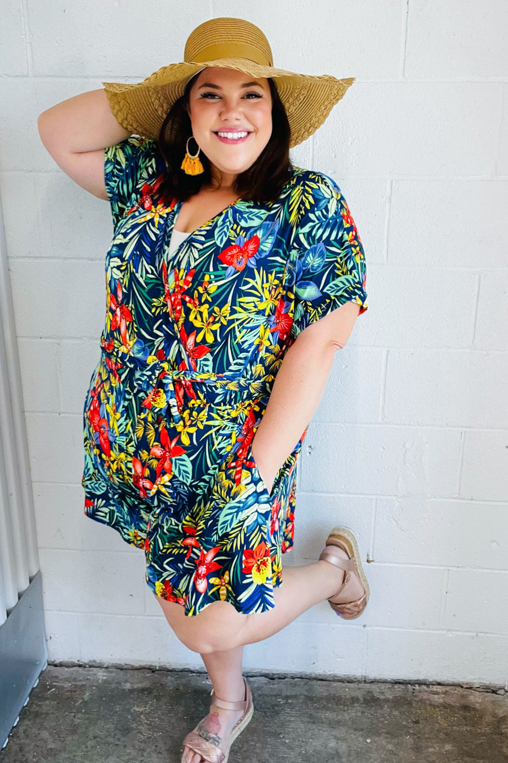 Navy Tropical Floral Surplice Romper -SALE-