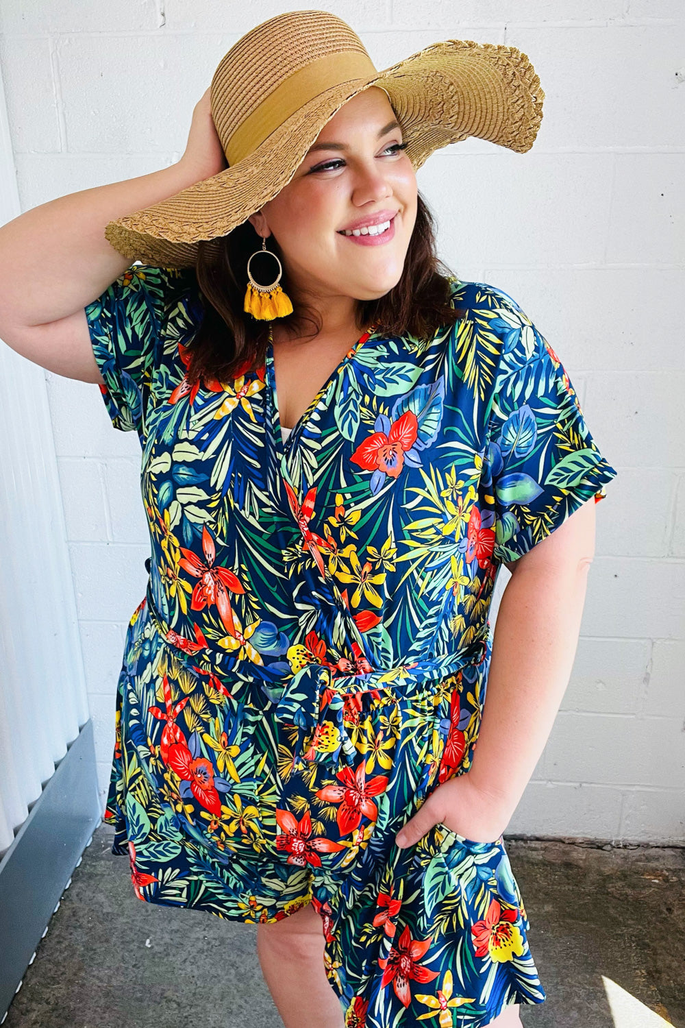 Navy Tropical Floral Surplice Romper -SALE-