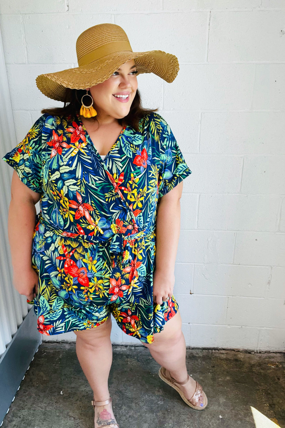 Navy Tropical Floral Surplice Romper -SALE-