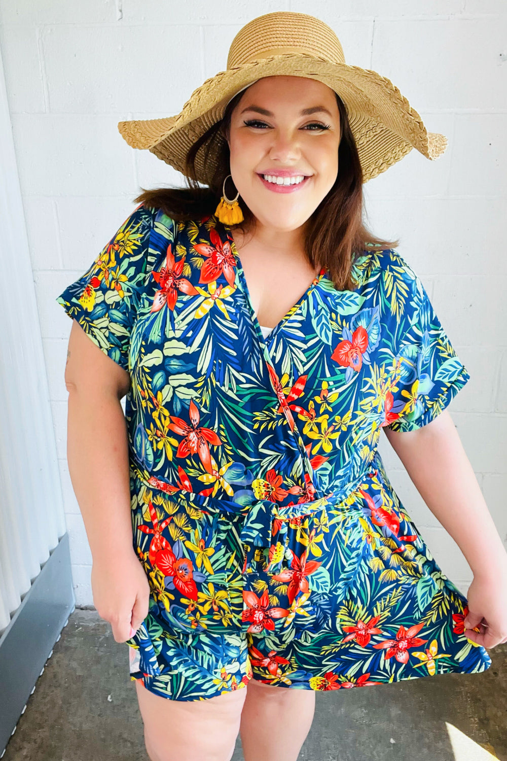 Navy Tropical Floral Surplice Romper -SALE-