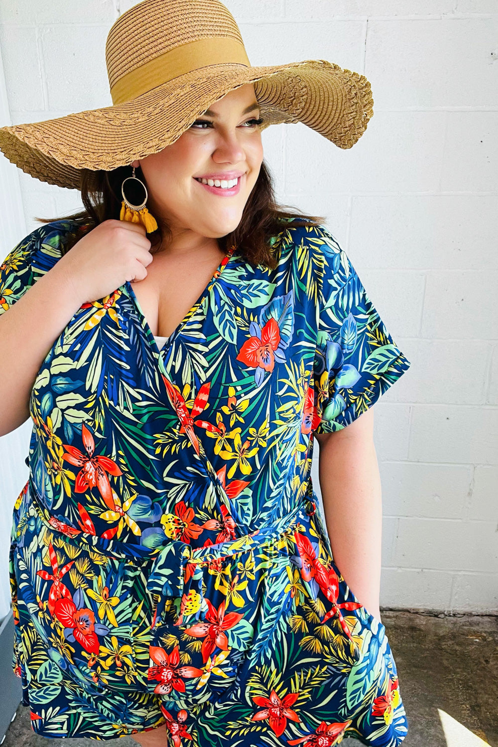 Navy Tropical Floral Surplice Romper -SALE-