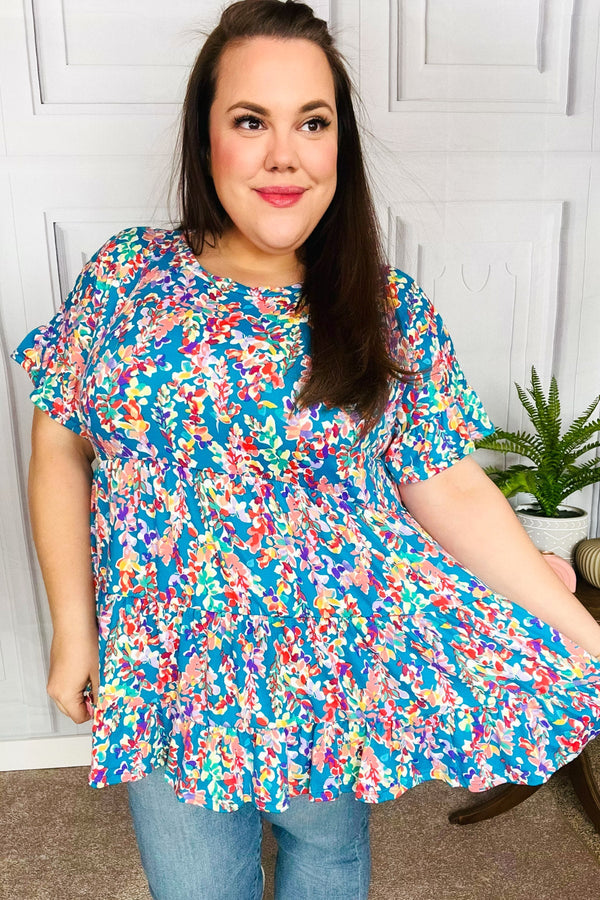 Blue Floral Ruffle Hem Tiered Top