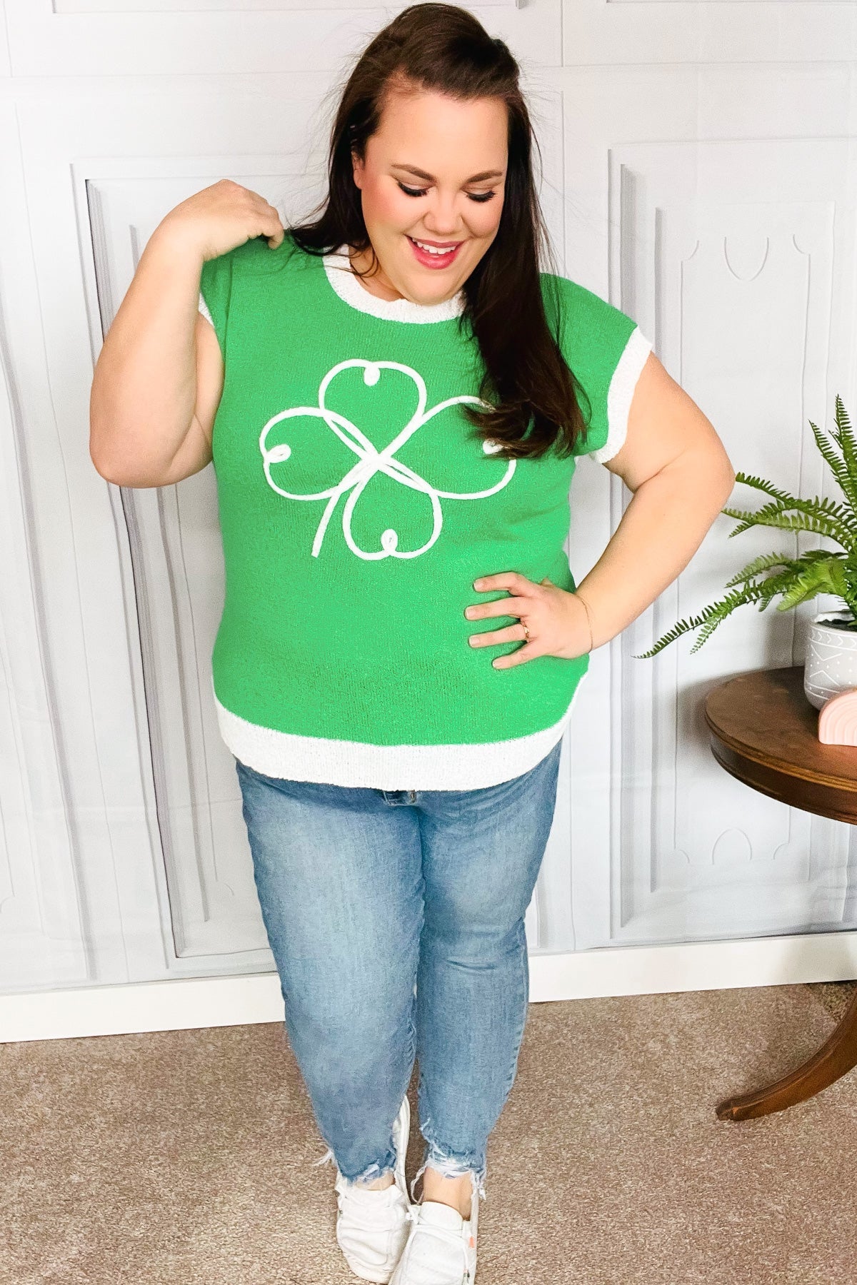 Lucky Kelly Green Embroidered Clover Short Sleeve Dolman Sweater