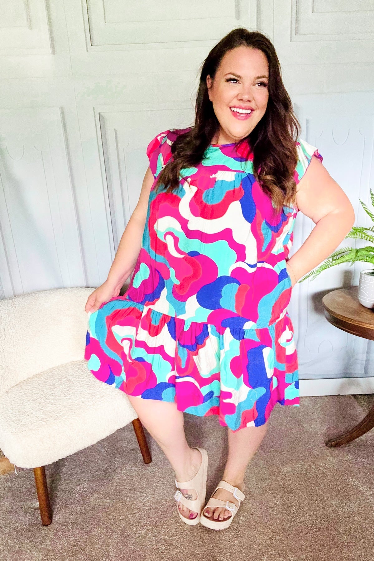 Go For Fun Fuchsia Geo Print Tiered Ruffle Sleeve Woven Dress -SALE-