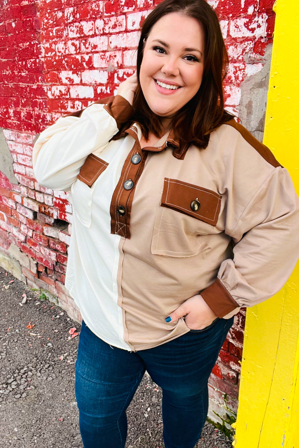 Sepia Ivory & Taupe Color Block Button Down Pullover -SALE-