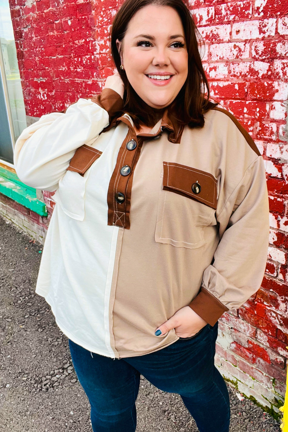 Sepia Ivory & Taupe Color Block Button Down Pullover -SALE-