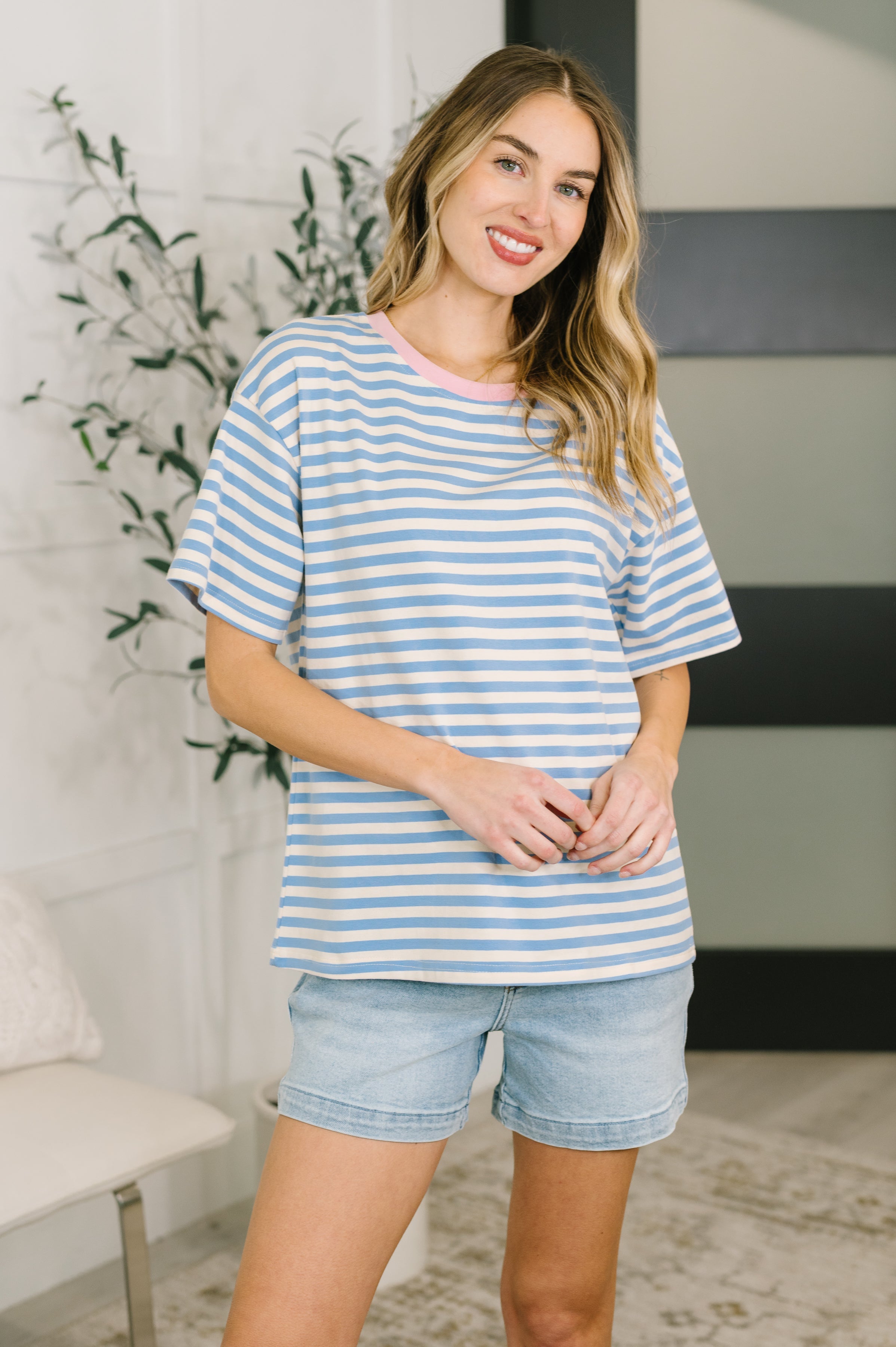 I Think I'm in Love Round Neck Loose Tee in Blue and Pink