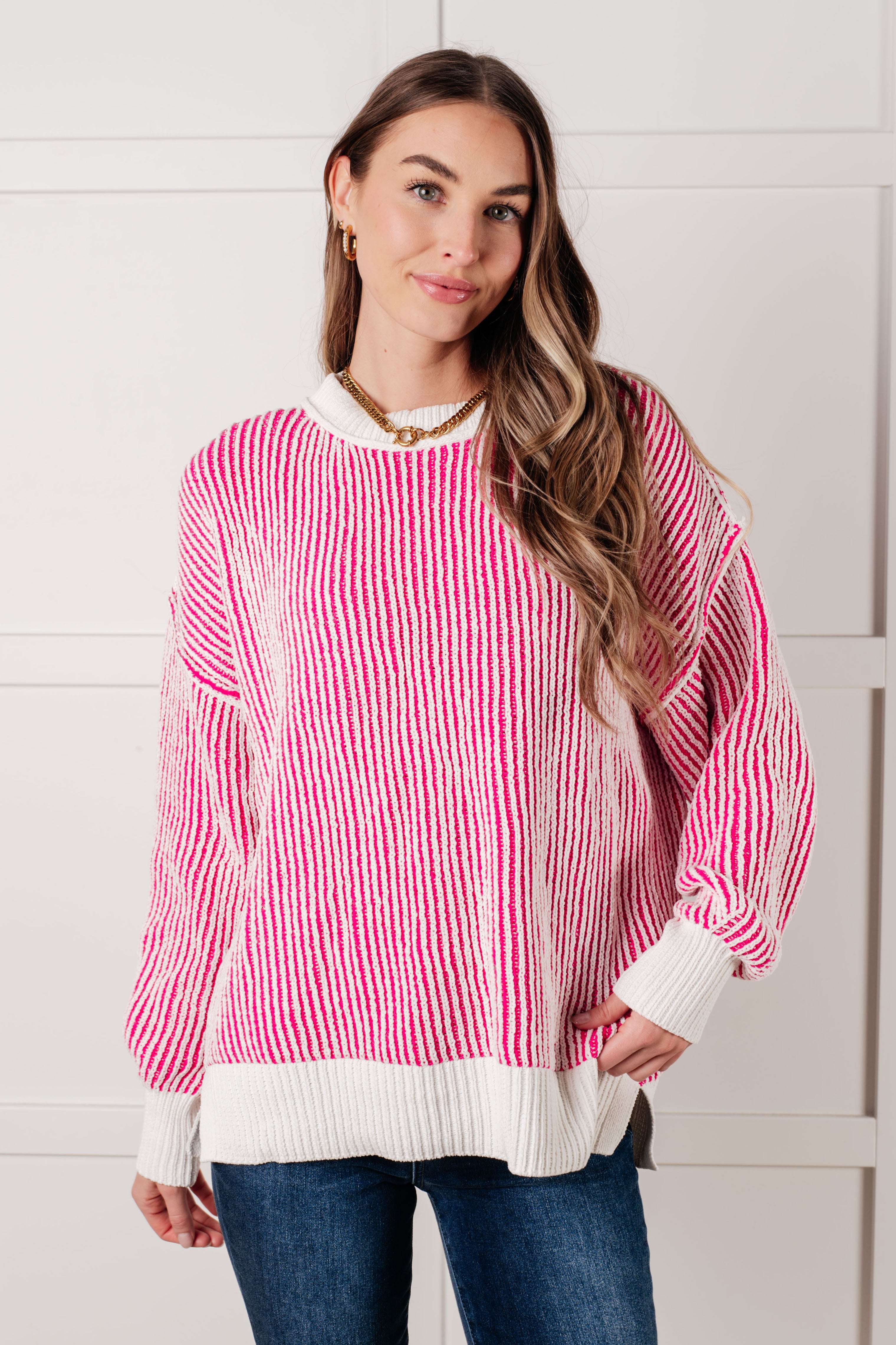 Carefree Contrast Trim Sweater in Pink