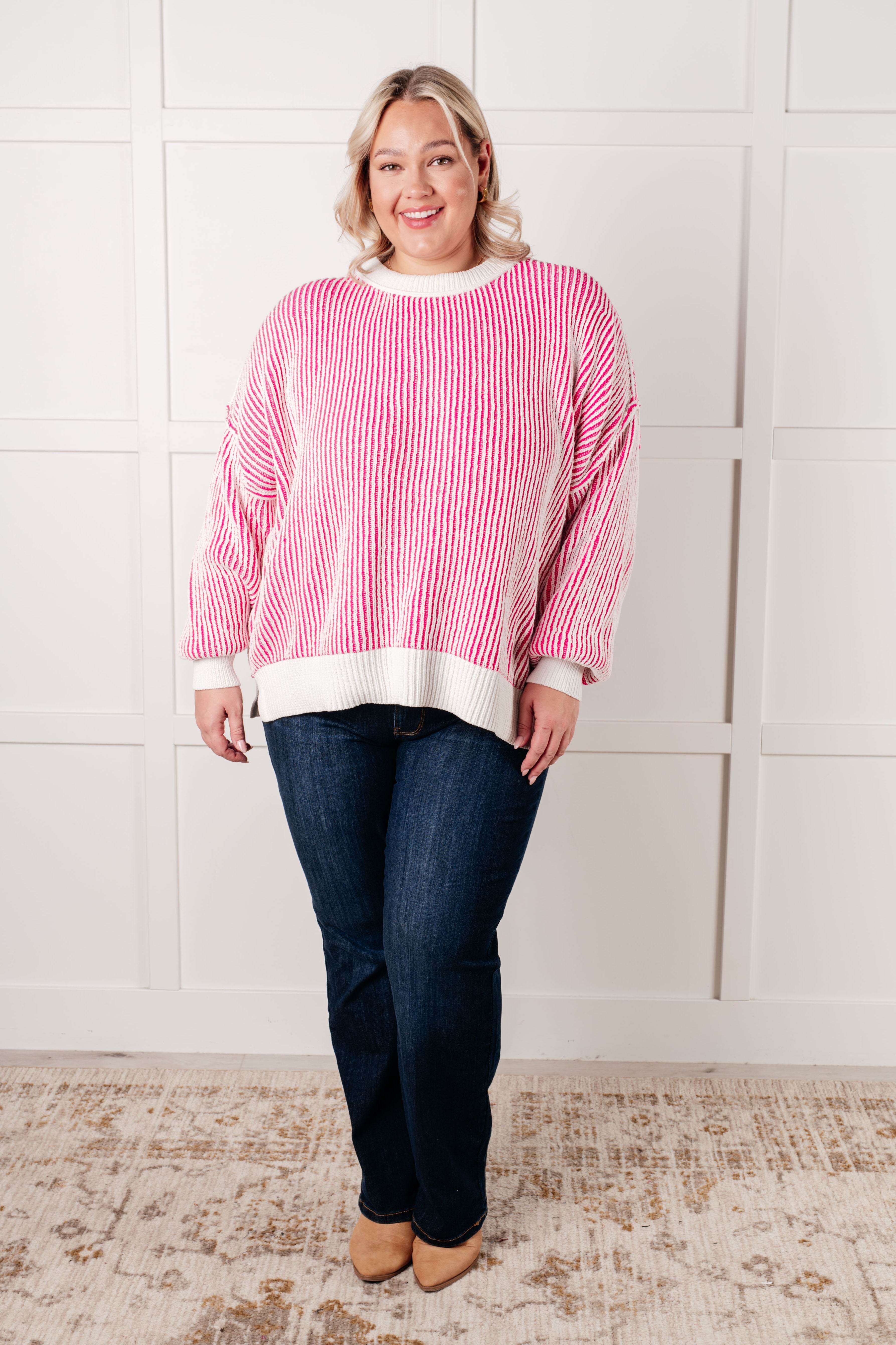 Carefree Contrast Trim Sweater in Pink