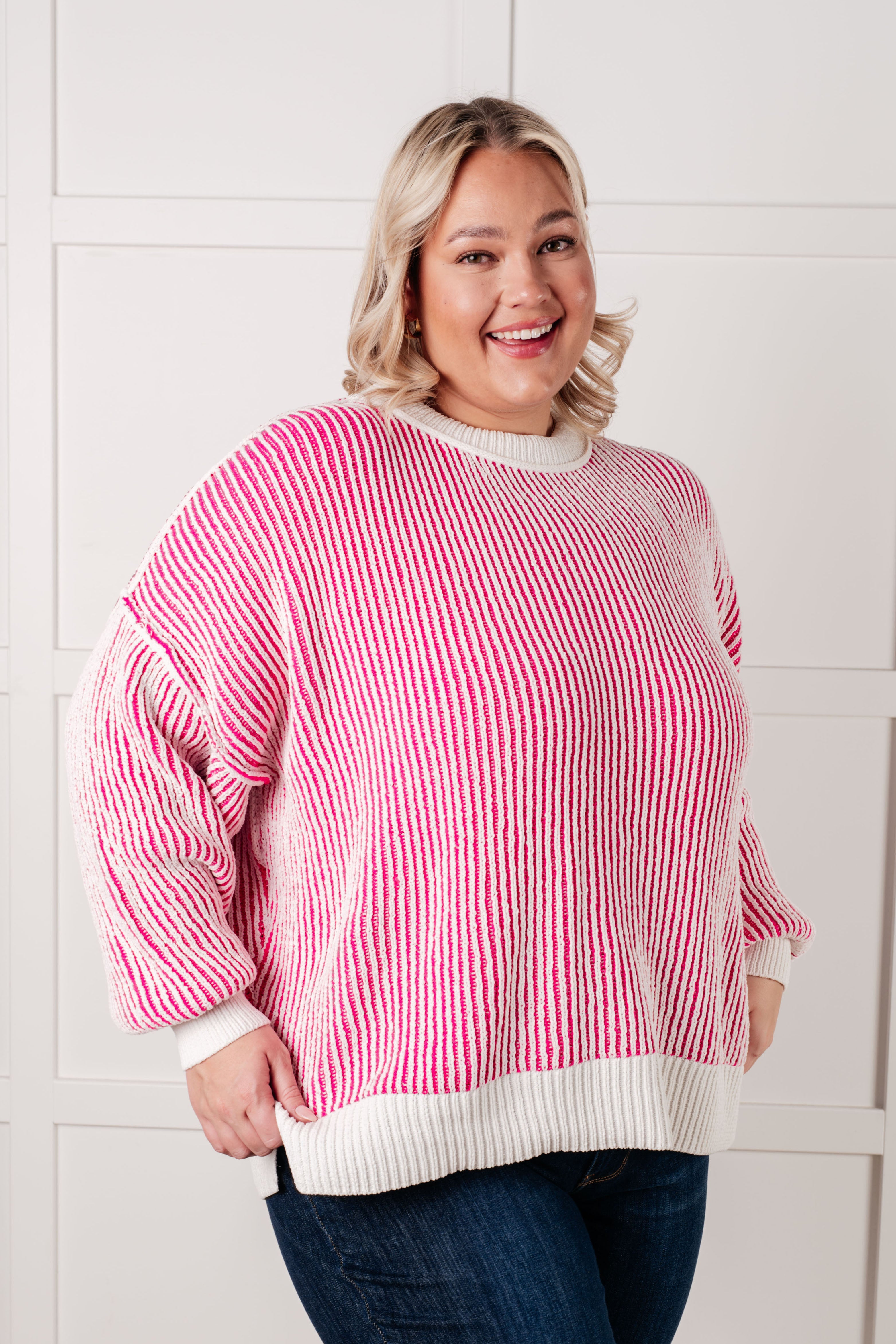 Carefree Contrast Trim Sweater in Pink