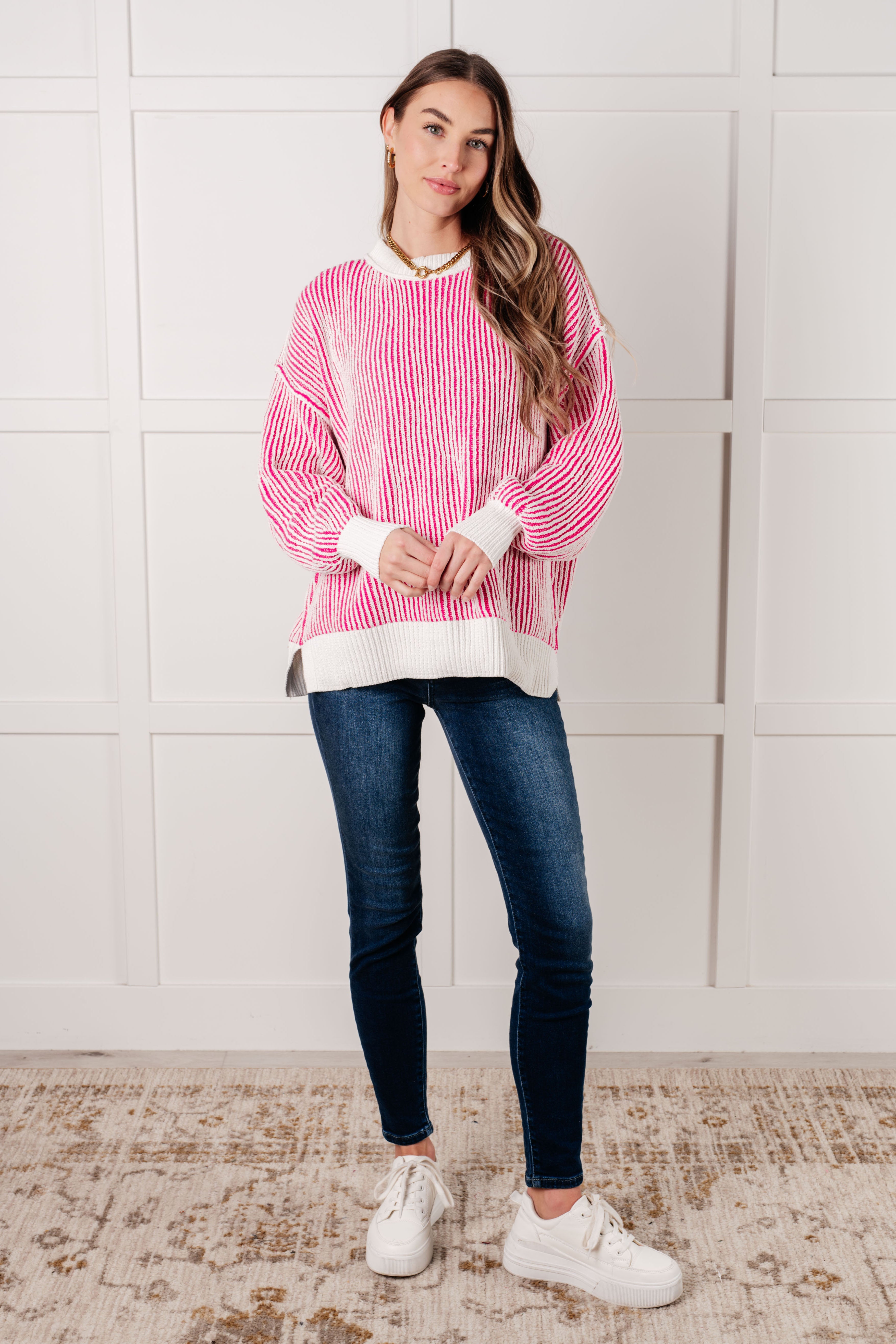 Carefree Contrast Trim Sweater in Pink