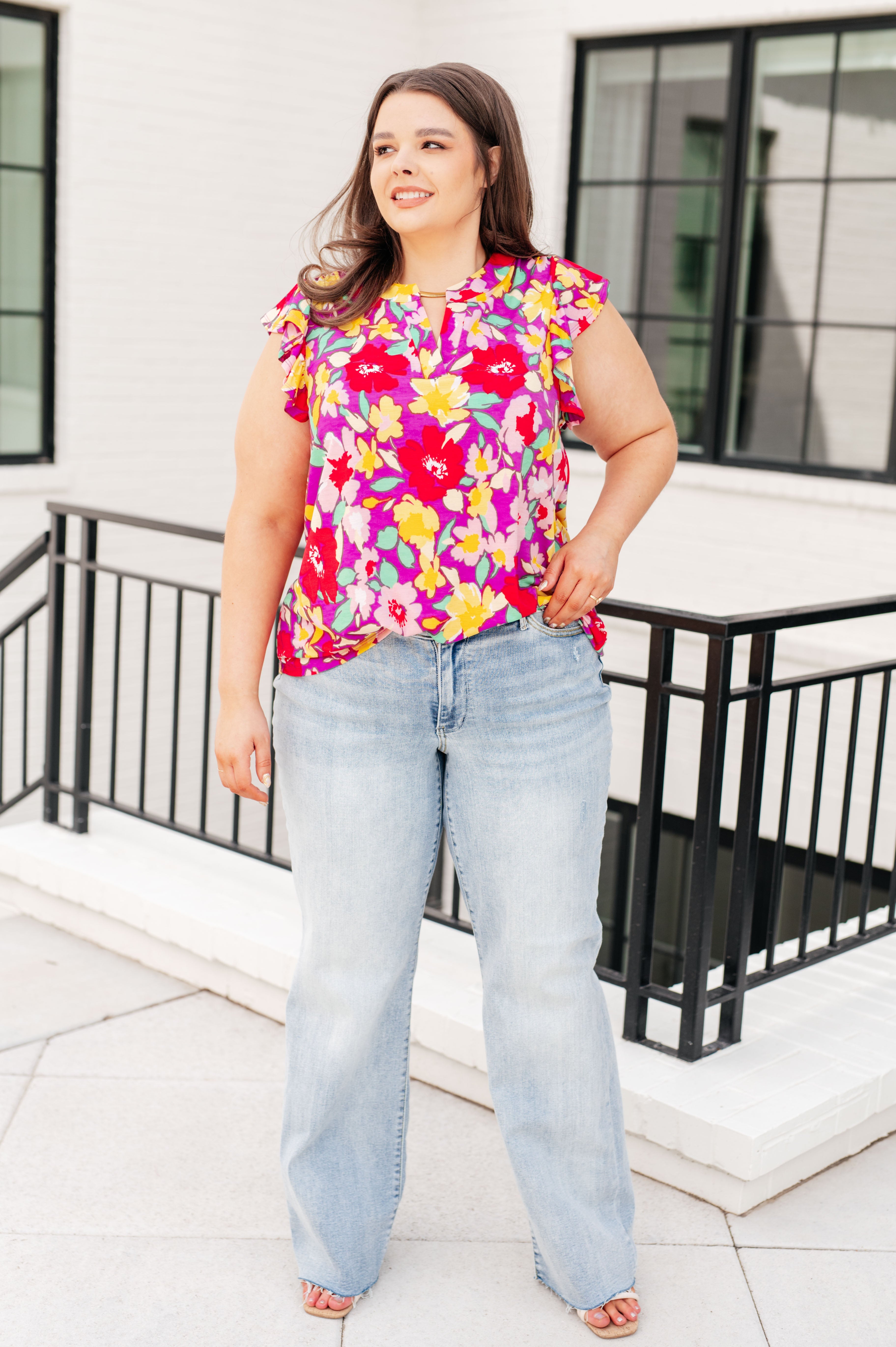 Garden Flutter Sleeve Top in Magenta and Yellow Floral