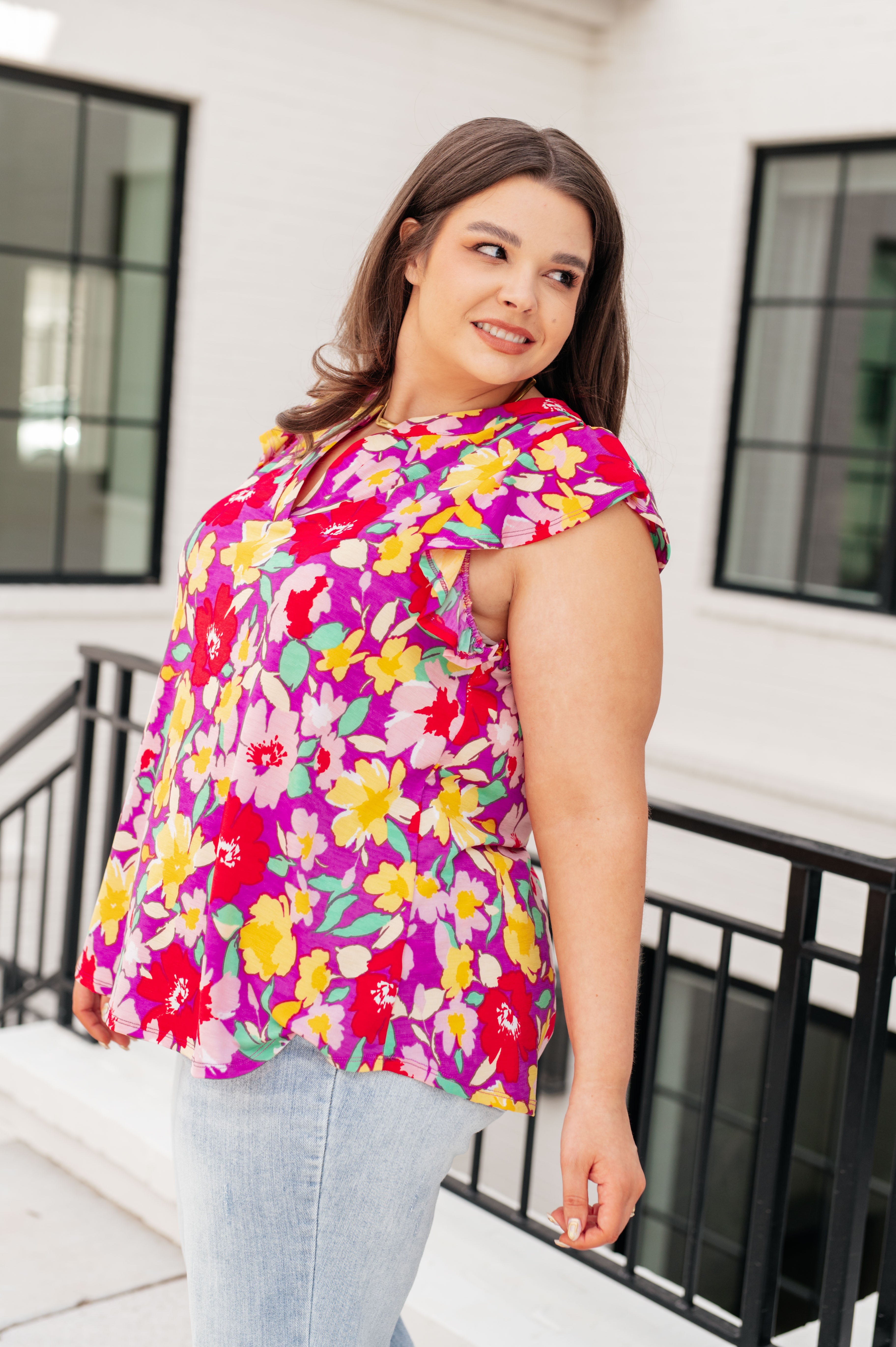 Garden Flutter Sleeve Top in Magenta and Yellow Floral