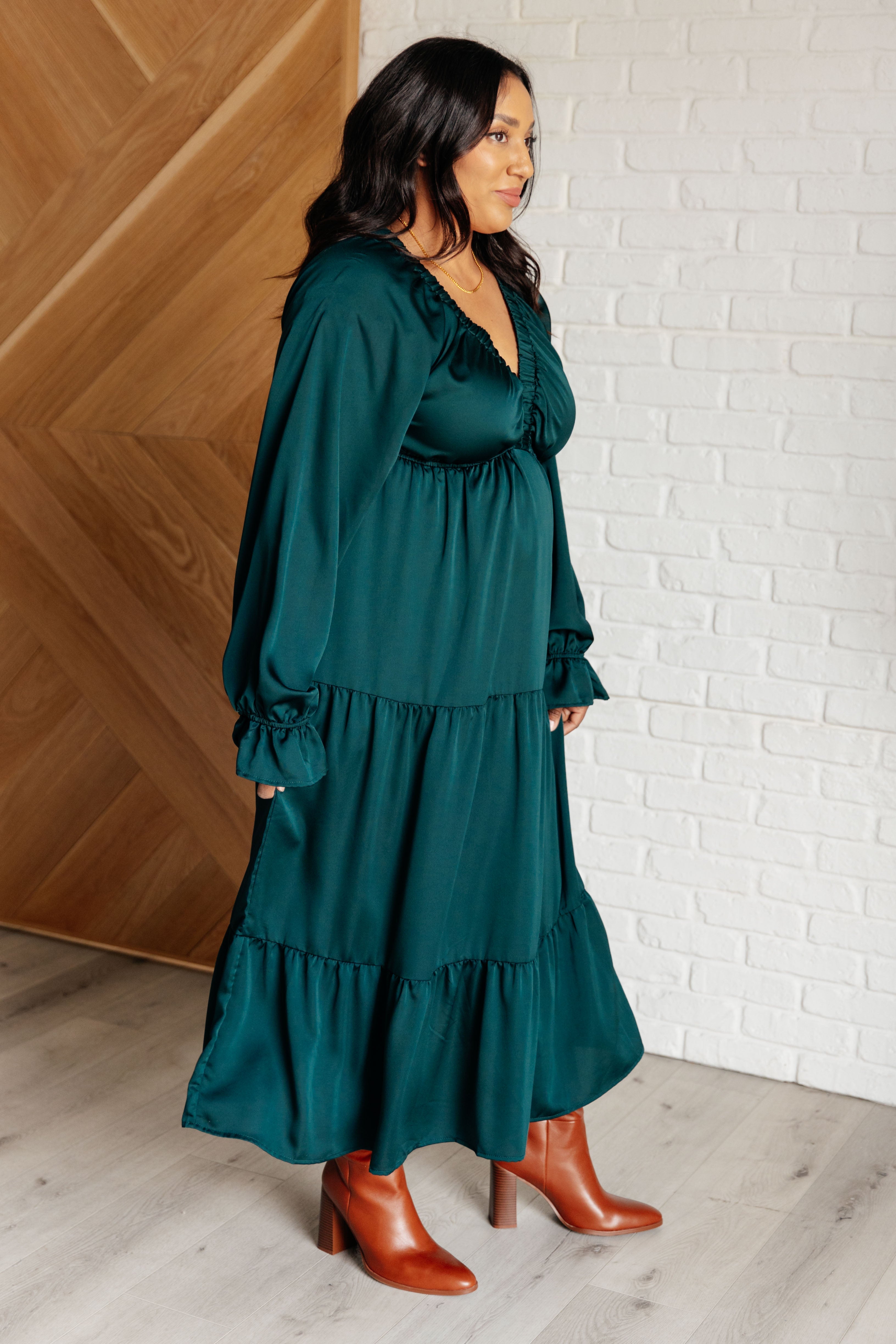 Satin Tiered Maxi Dress in Pine