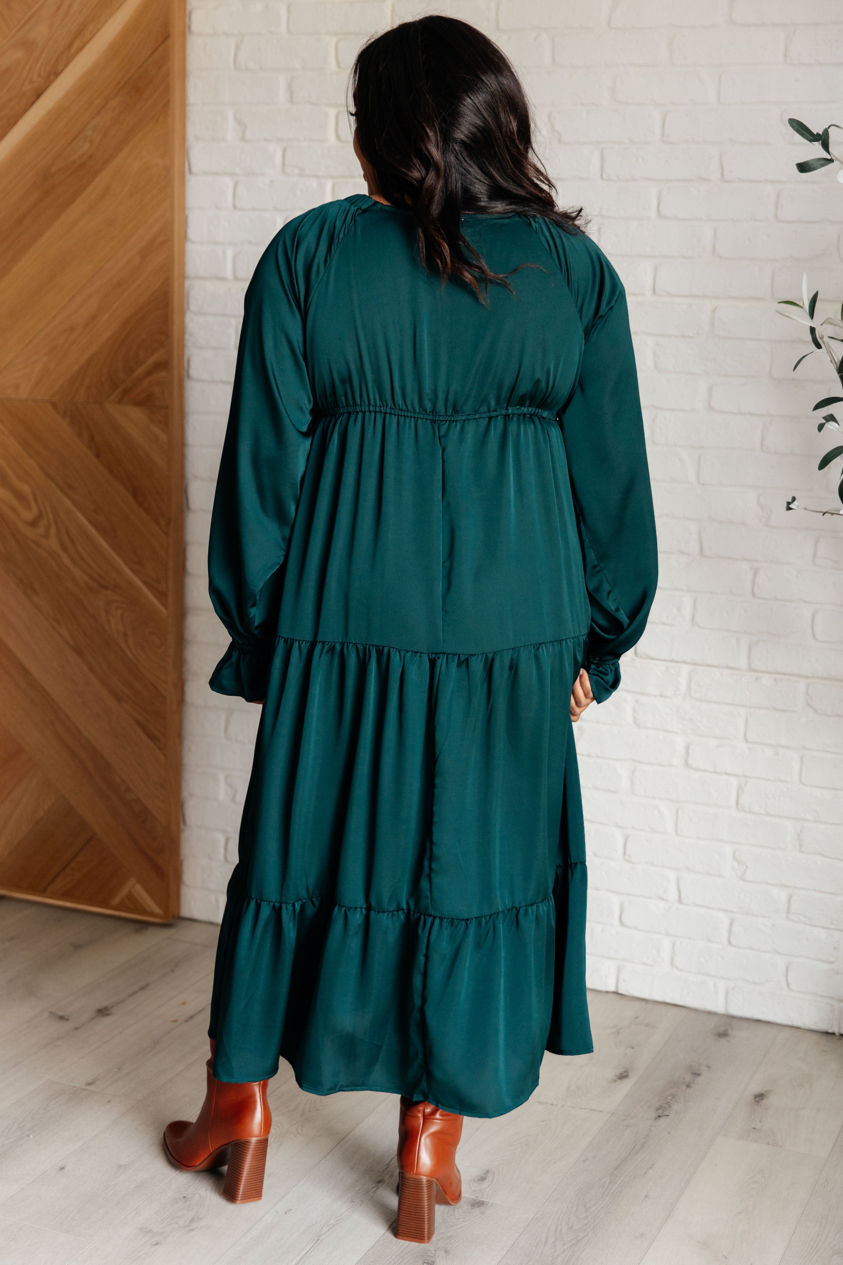 Satin Tiered Maxi Dress in Pine