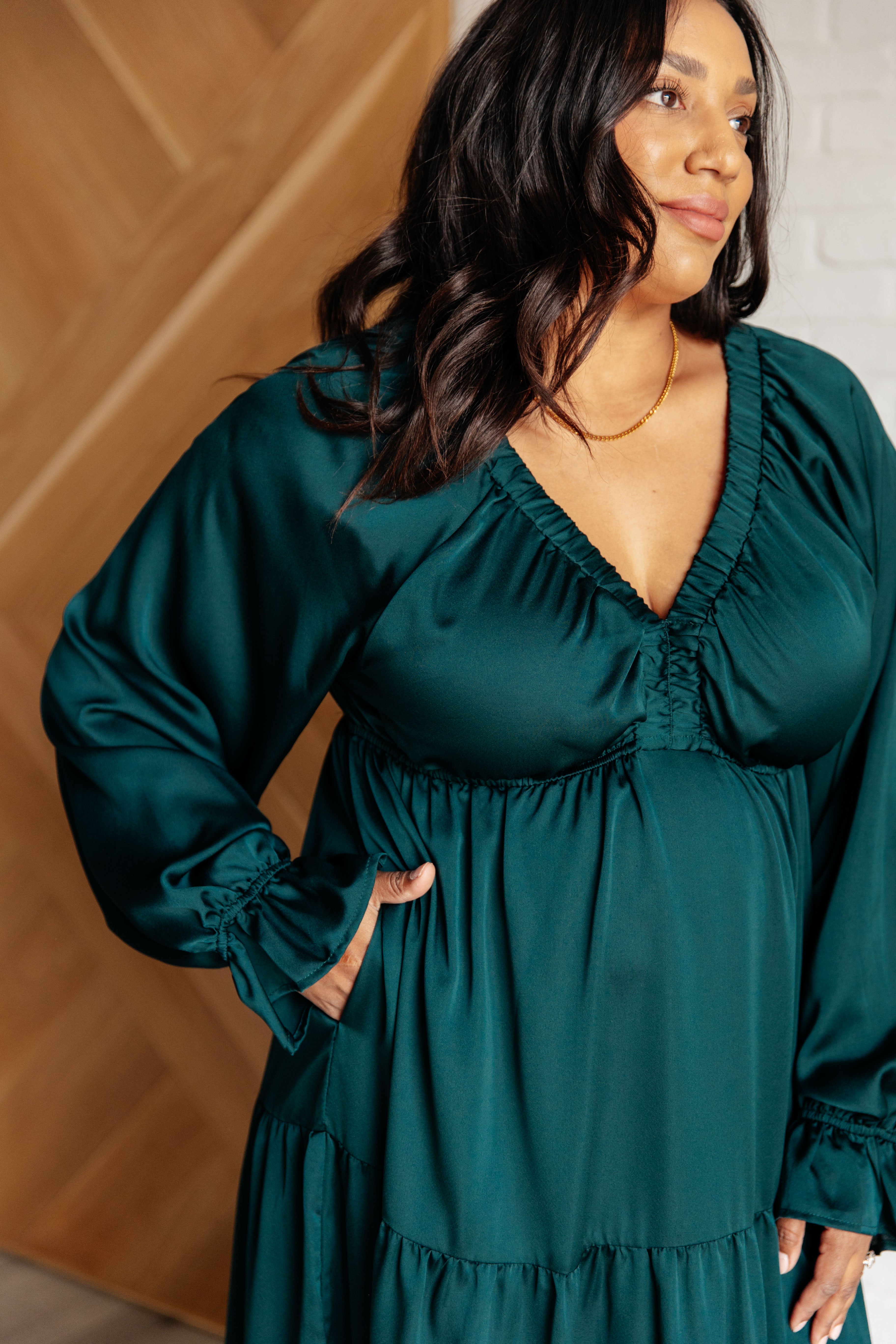 Satin Tiered Maxi Dress in Pine