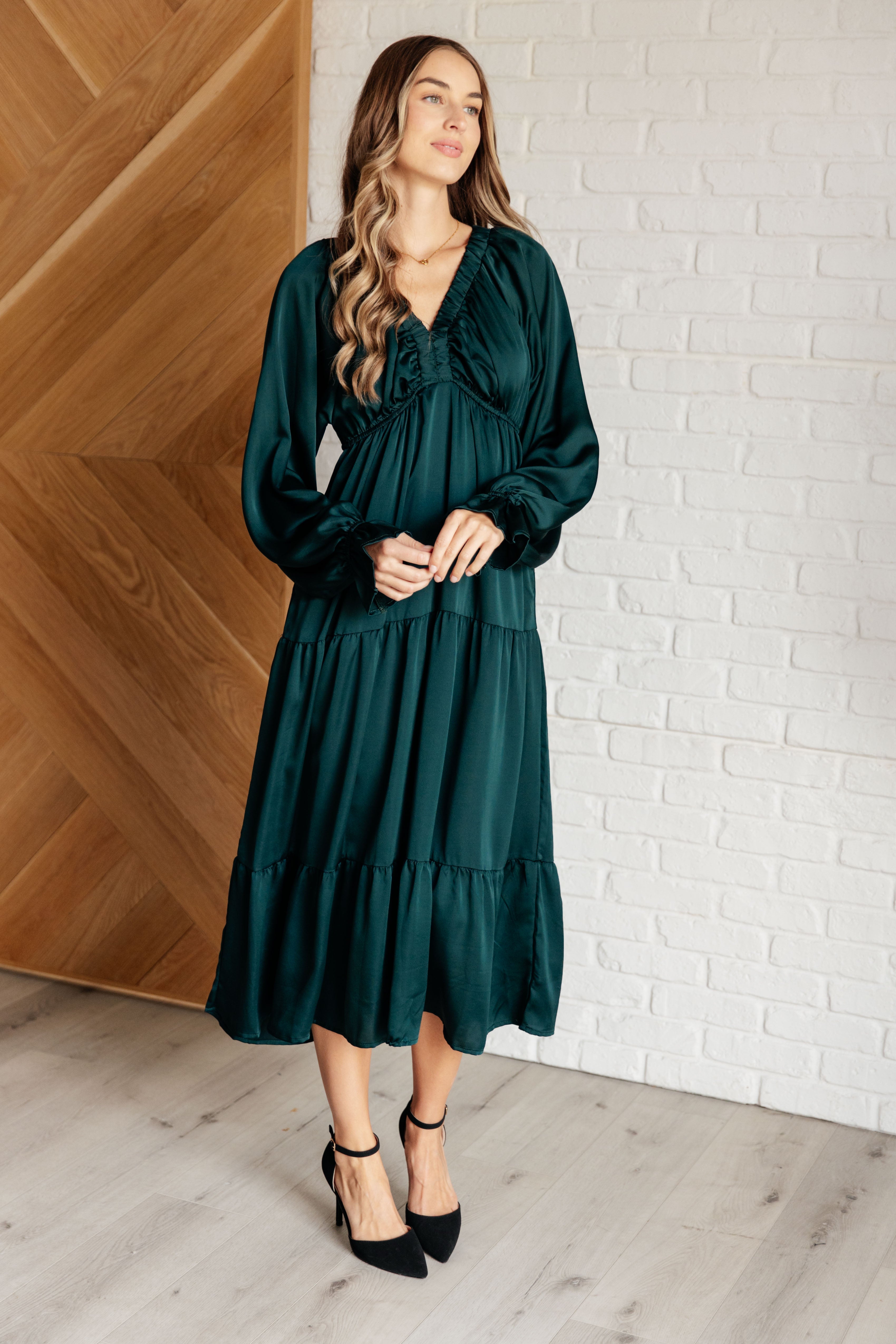 Satin Tiered Maxi Dress in Pine