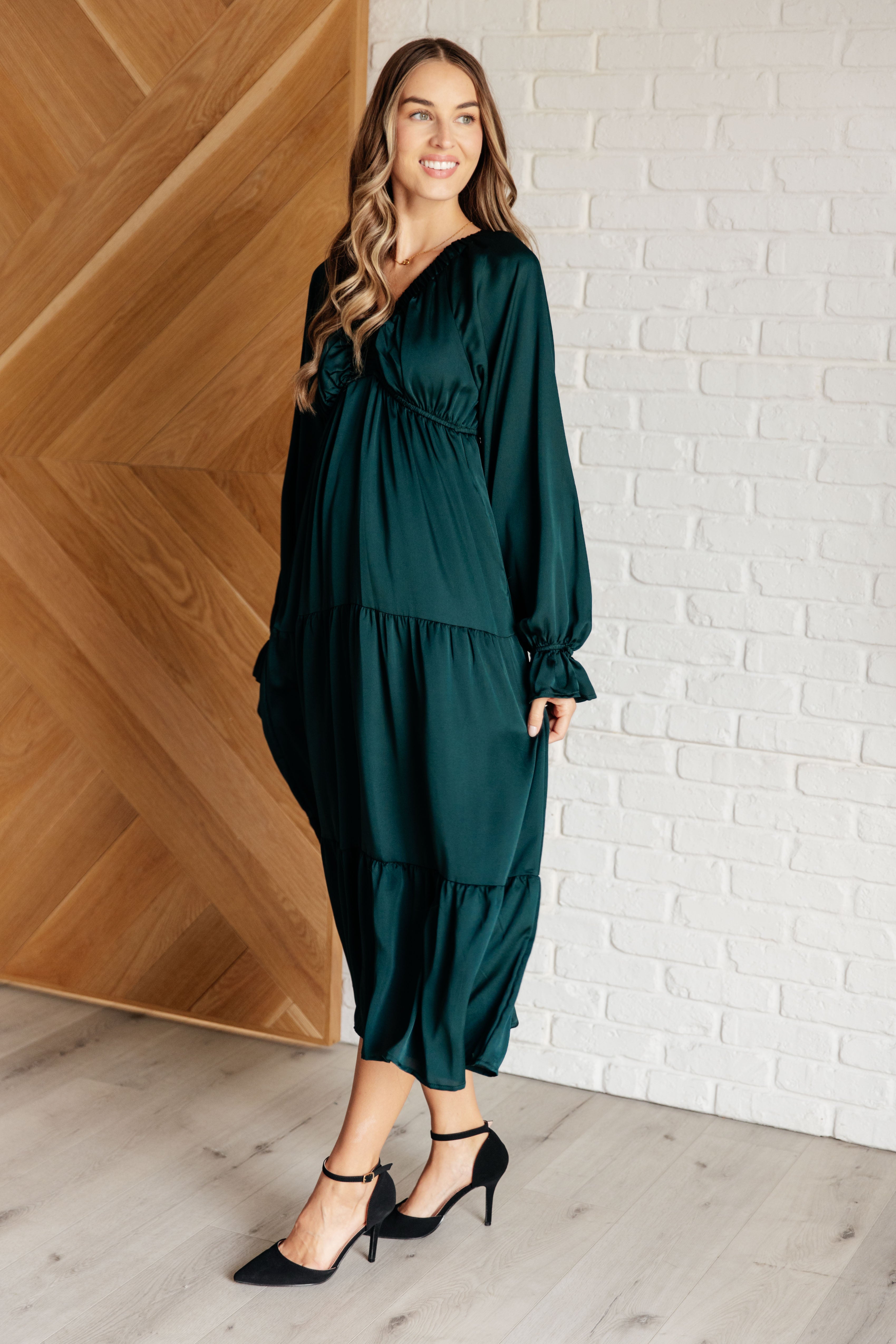 Satin Tiered Maxi Dress in Pine