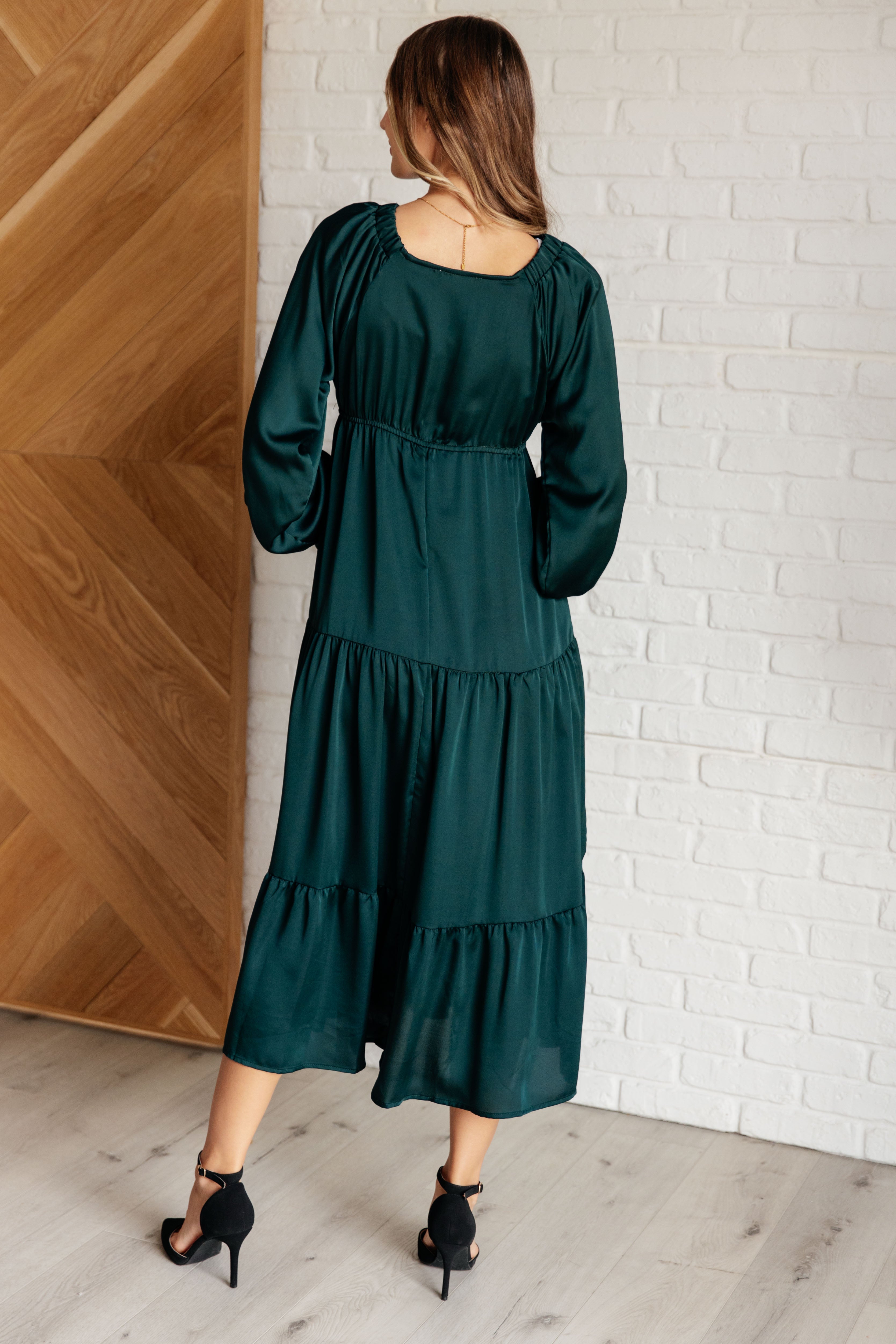 Satin Tiered Maxi Dress in Pine