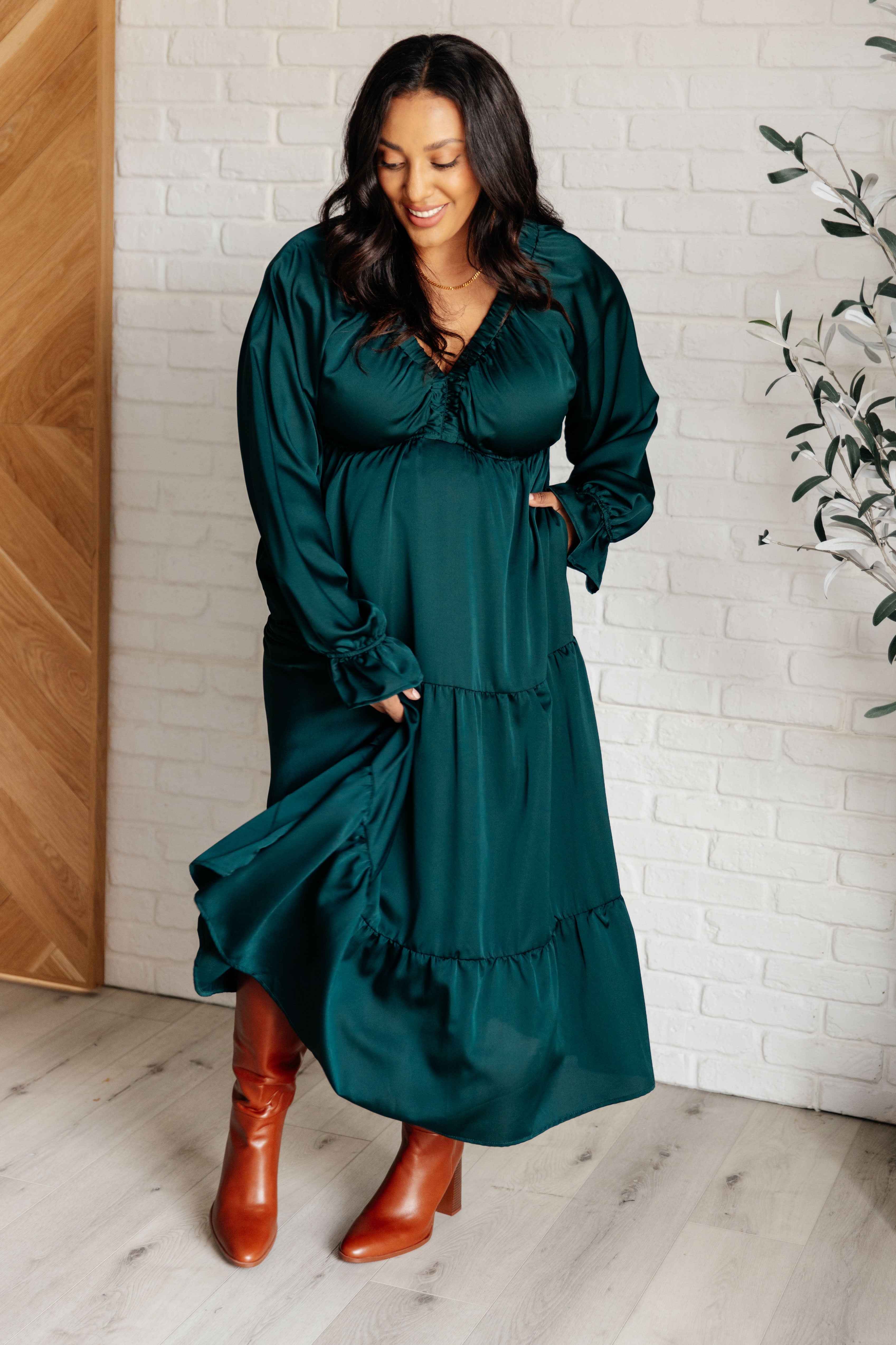 Satin Tiered Maxi Dress in Pine