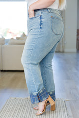 Judy Blue Miranda High Rise Plaid Cuff Vintage Straight Jeans