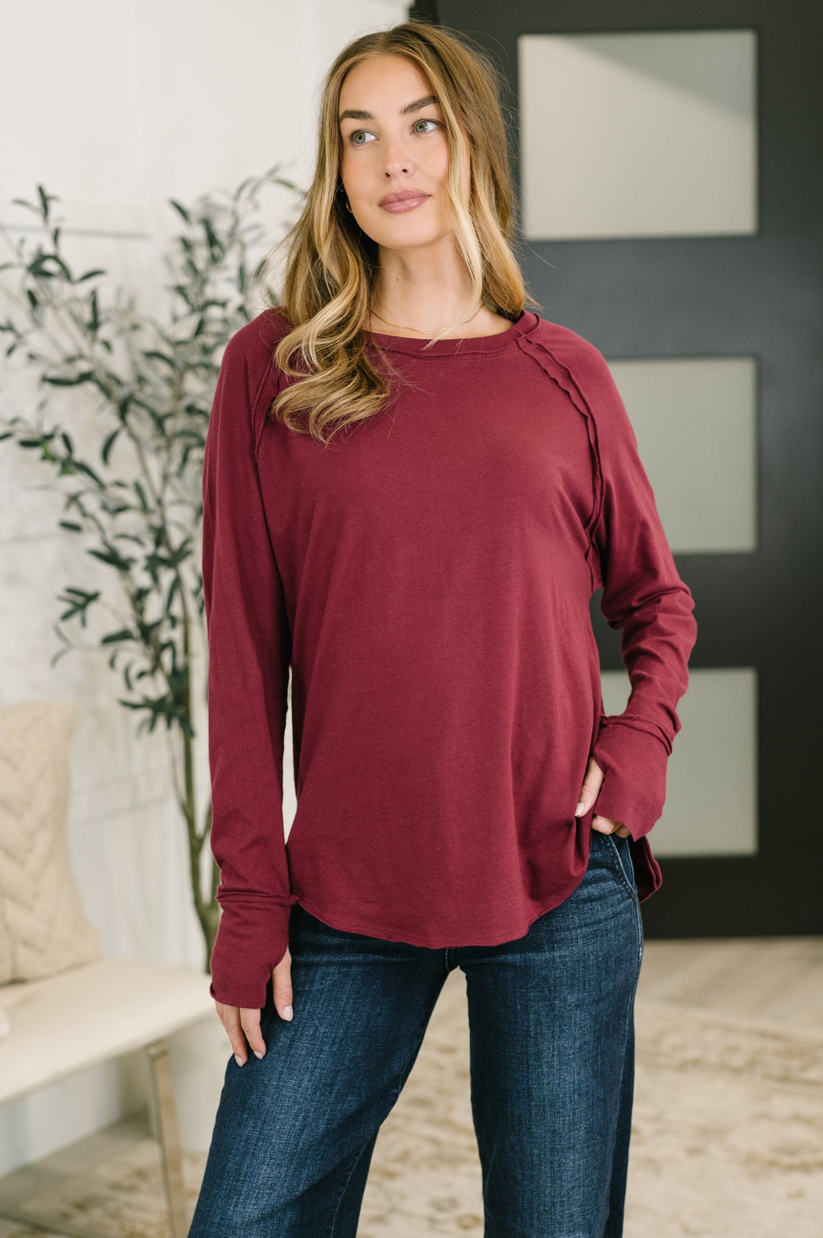 Fall Feeling Cotton Raglan Sleeve Top in Cabernet