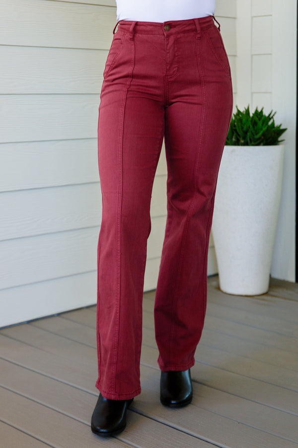 Judy Blue Phoebe High Rise Front Seam Straight Jeans in Burgundy