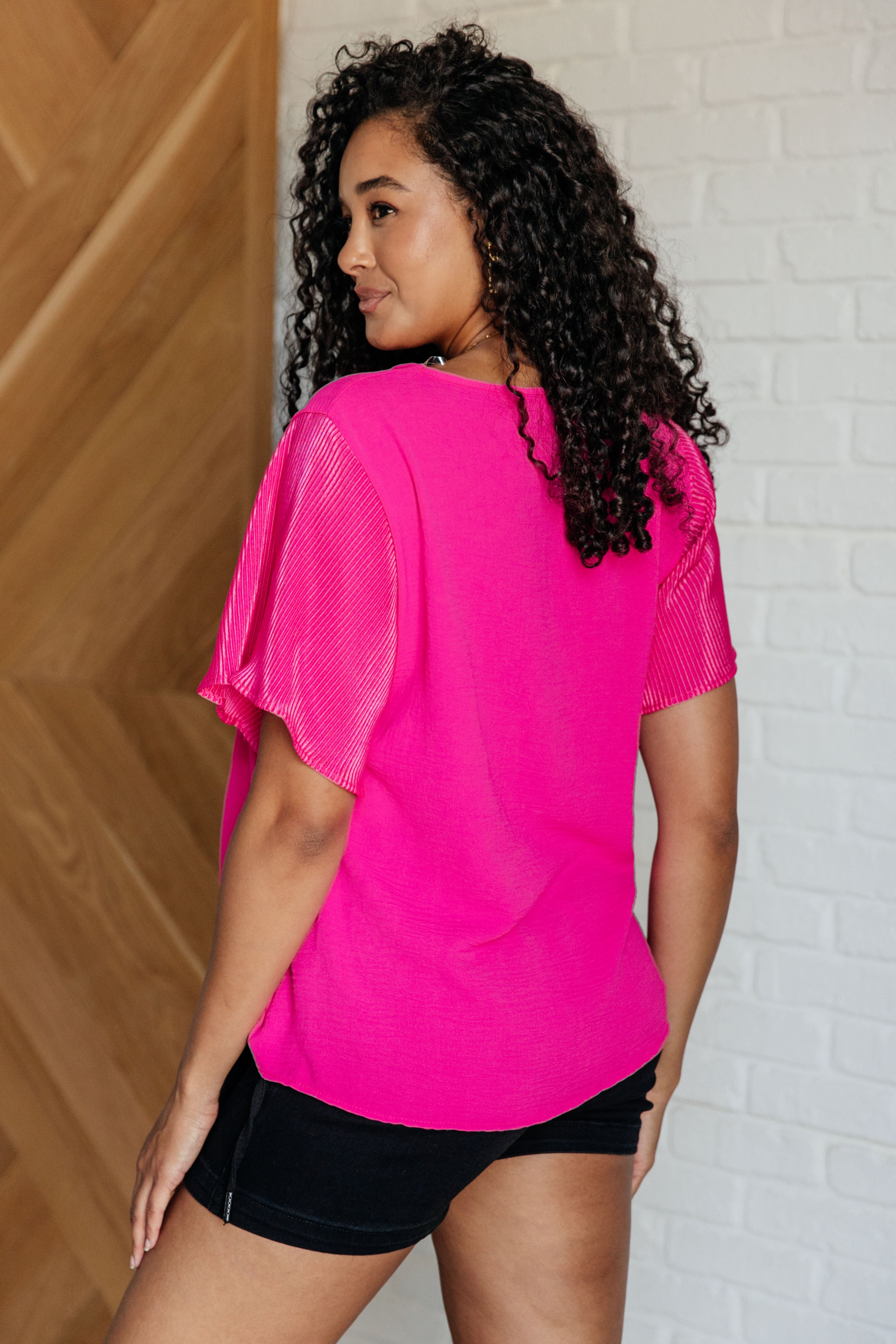 Neon Pink Ruffle Sleeve Top