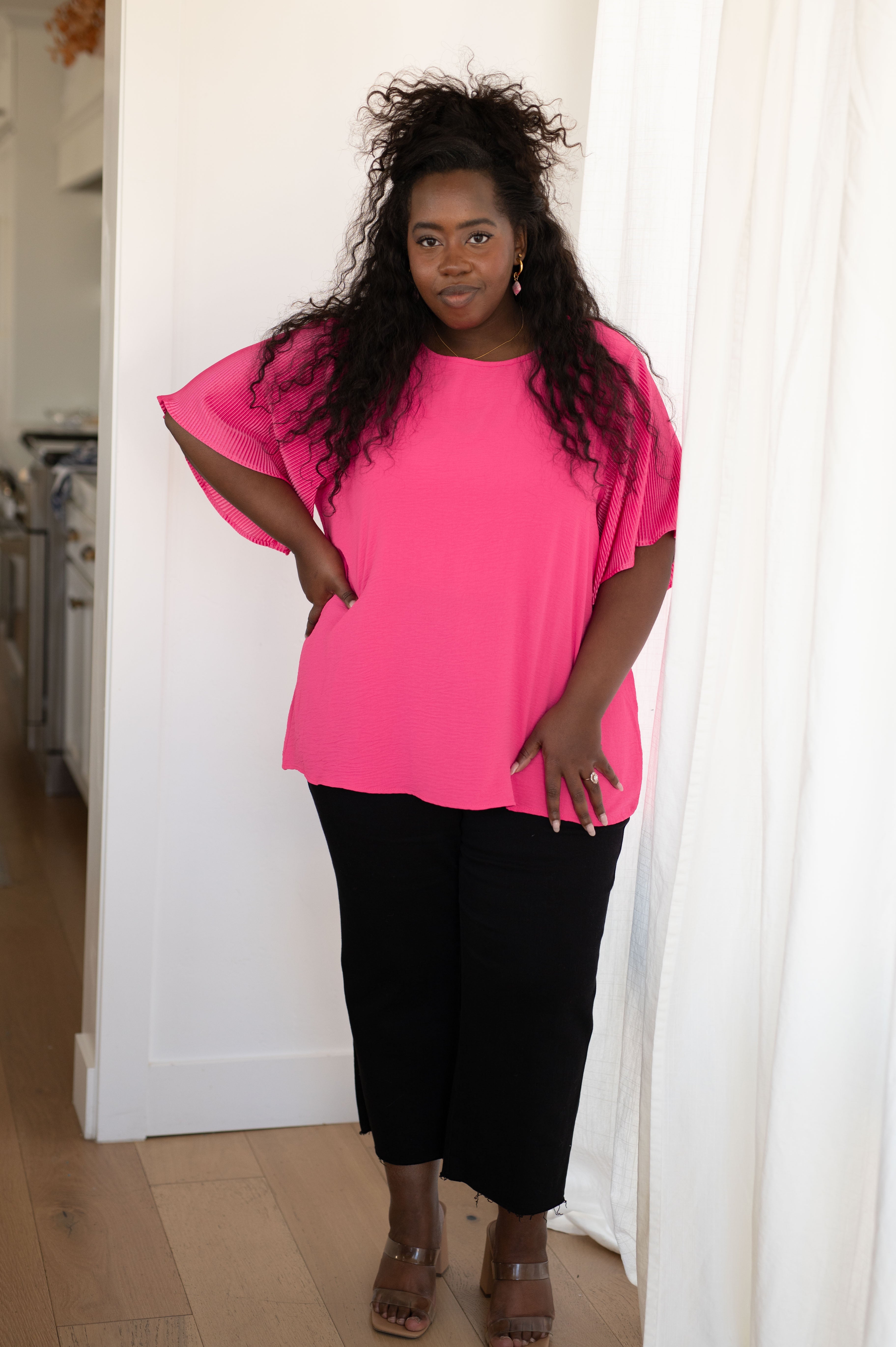 Neon Pink Ruffle Sleeve Top